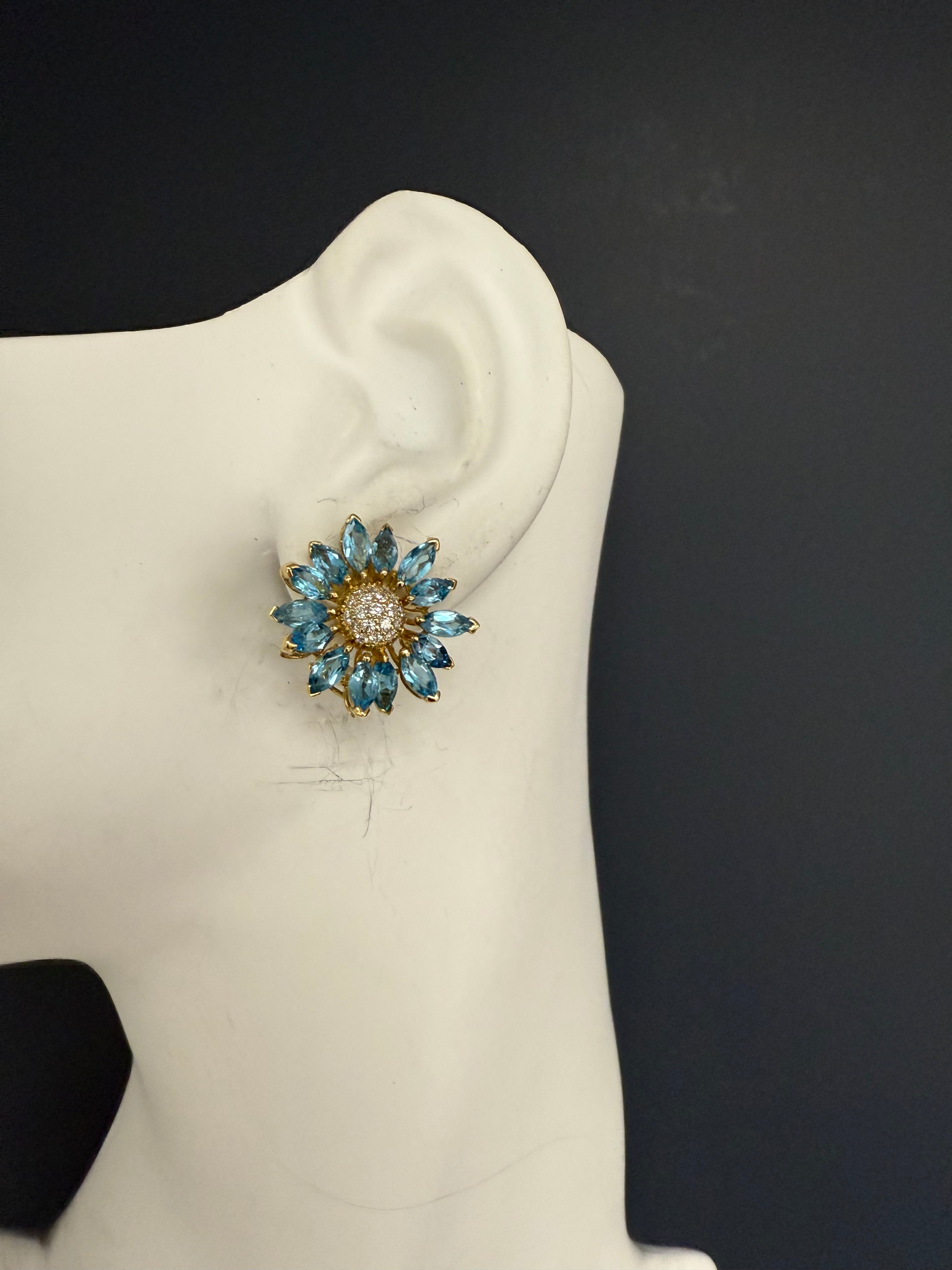 Retro Gold Natural Marquise London Blue Topaz Diamond Floral Earrings Circa 1970