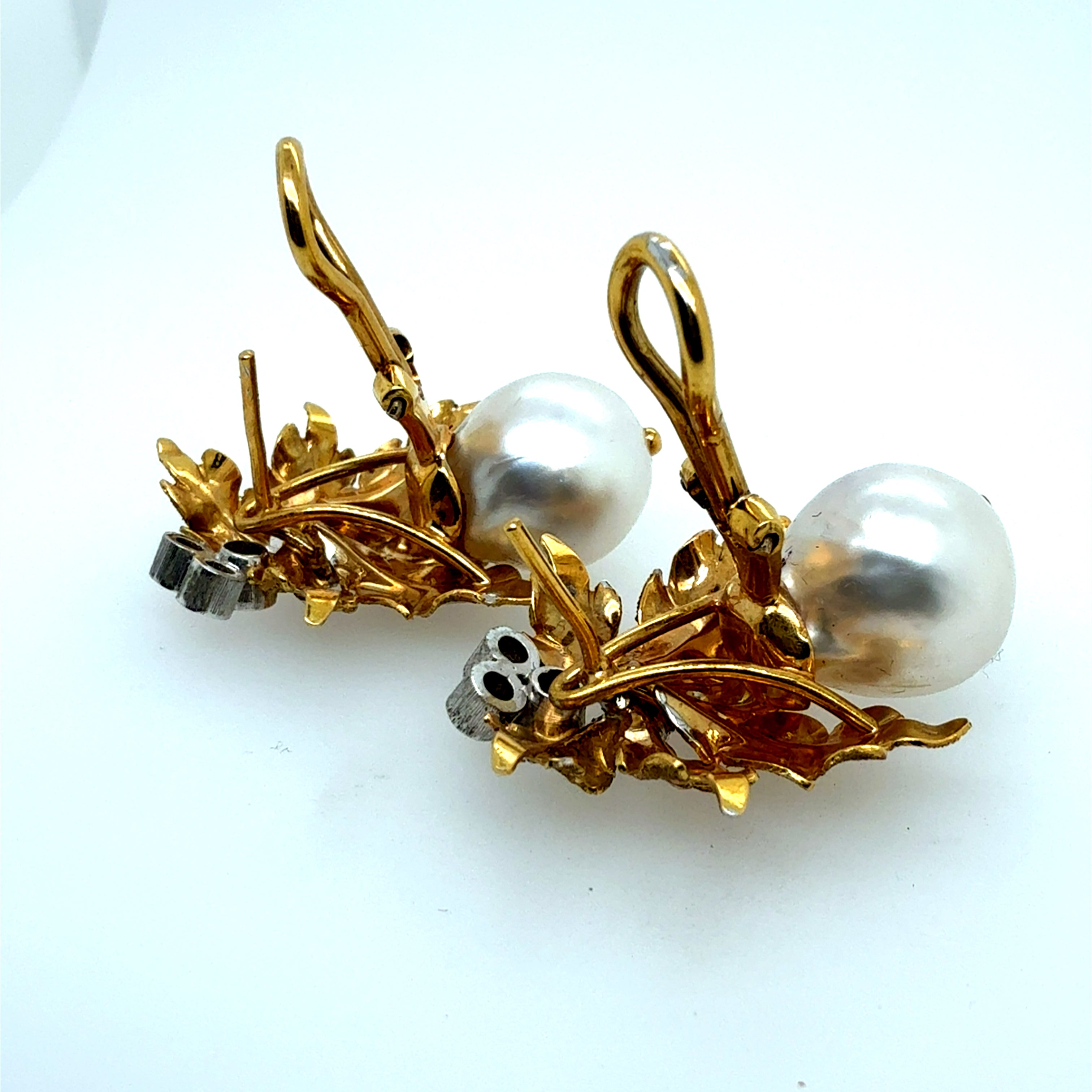 Retro Gold Natural Diamond and 11mm Pearl Leaf Earrings, Circa 1970