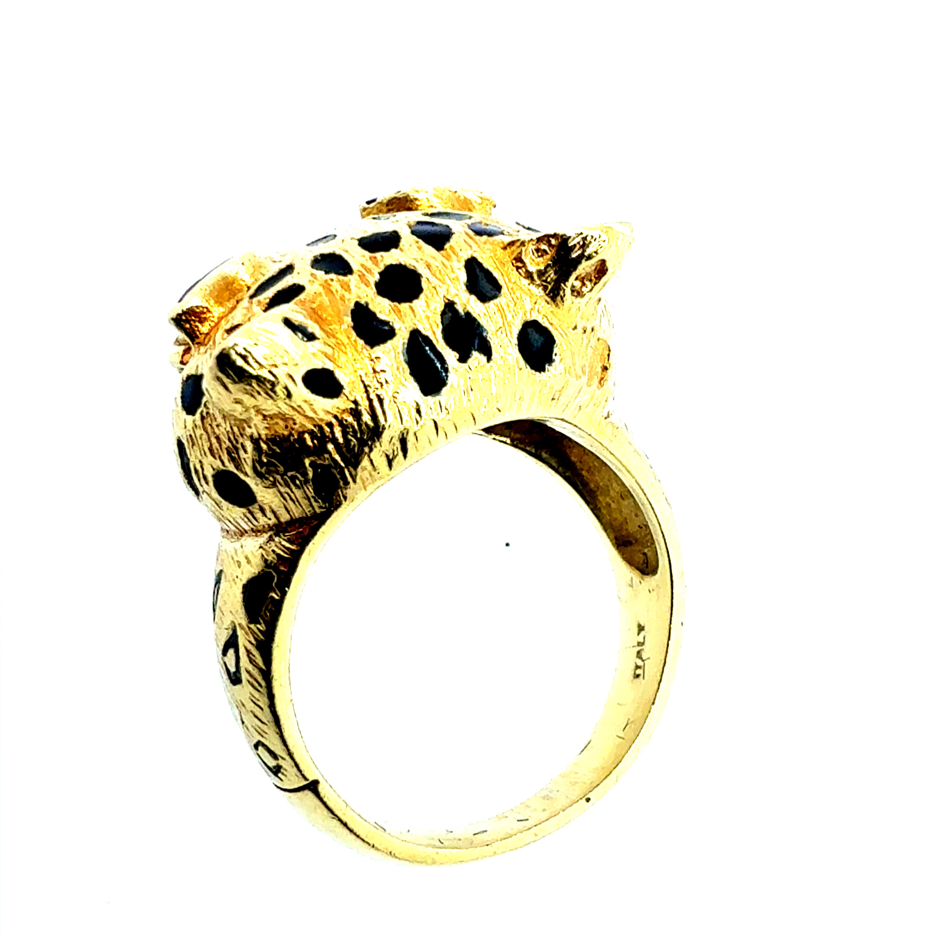 Retro Gold Natural Ruby Eyes Leopard Statement Ring Made in Italy Circa 1990