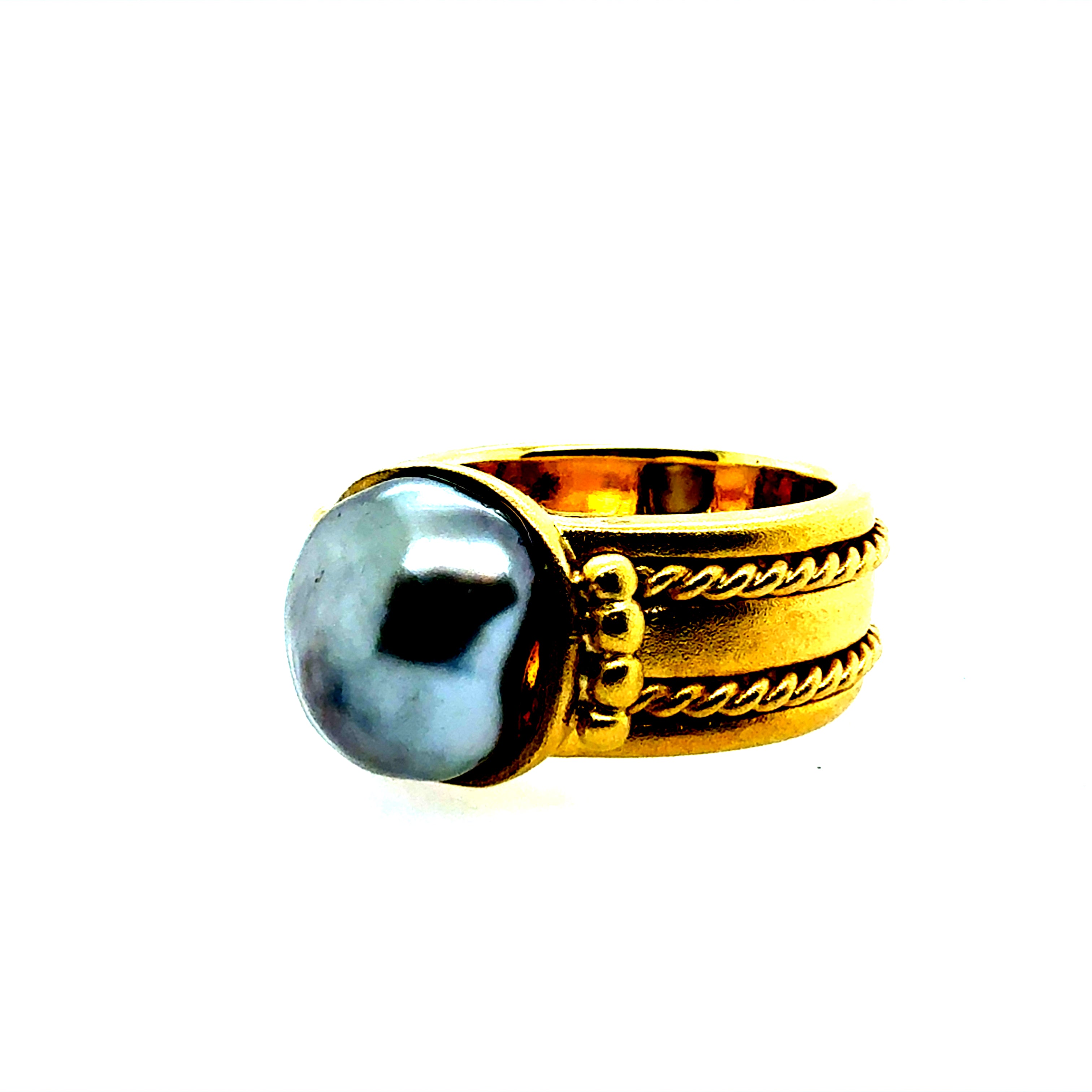 Retro Yellow Gold Black Tahitian Baroque Pearl Statement Ring Circa 2000