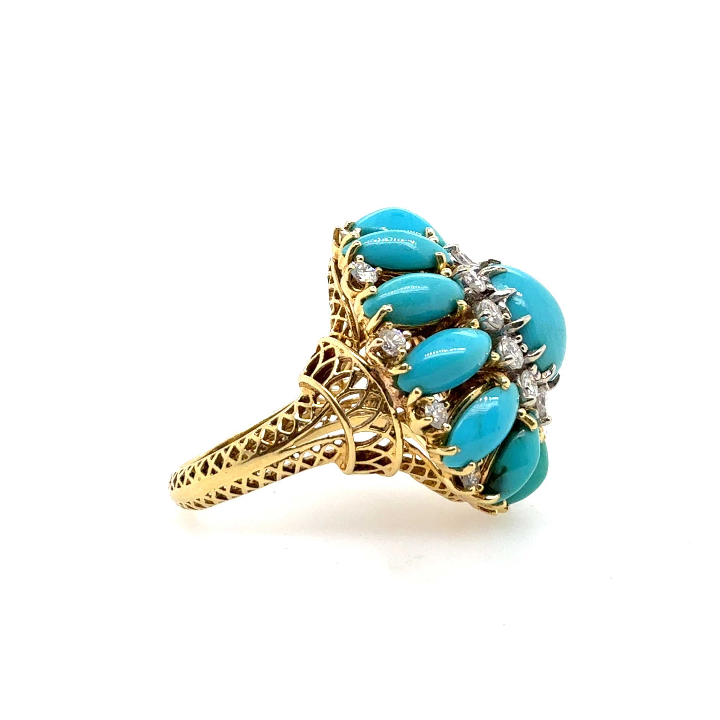 Retro Gold 1.1 CT Natural Diamond & Turquoise Cocktail Ring Circa 1960
