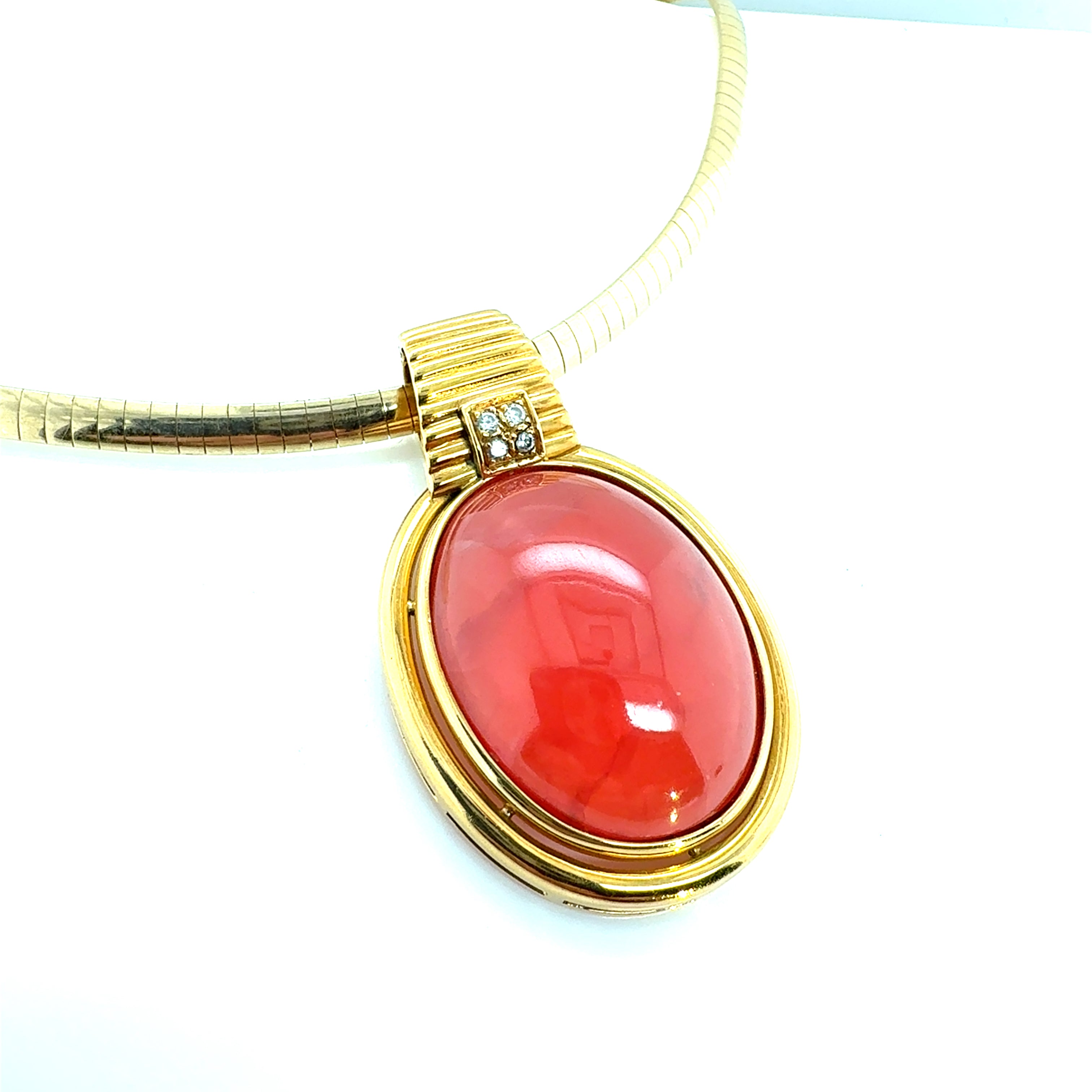 Retro Gold Natural Rhodochrosite & Diamond Statement Pendant Circa 1970