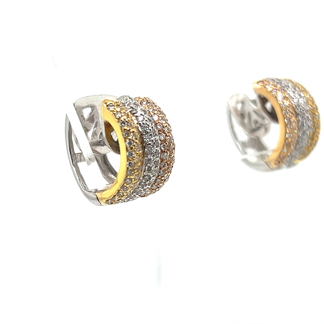 Modern Gold Tricolor Huggie Earrings with 1.50ct Natural Diamonds