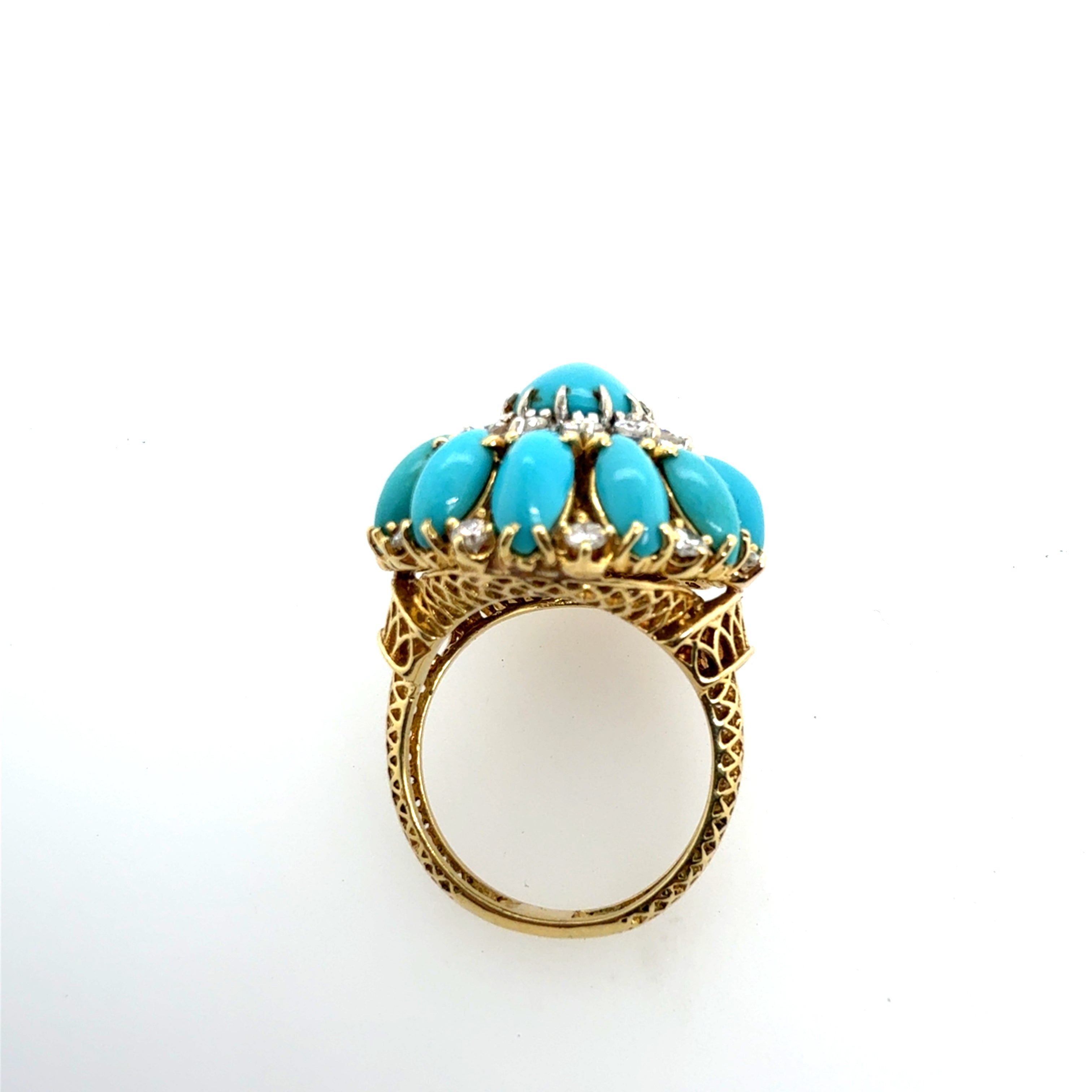 Retro Gold 1.1 CT Natural Diamond & Turquoise Cocktail Ring Circa 1960