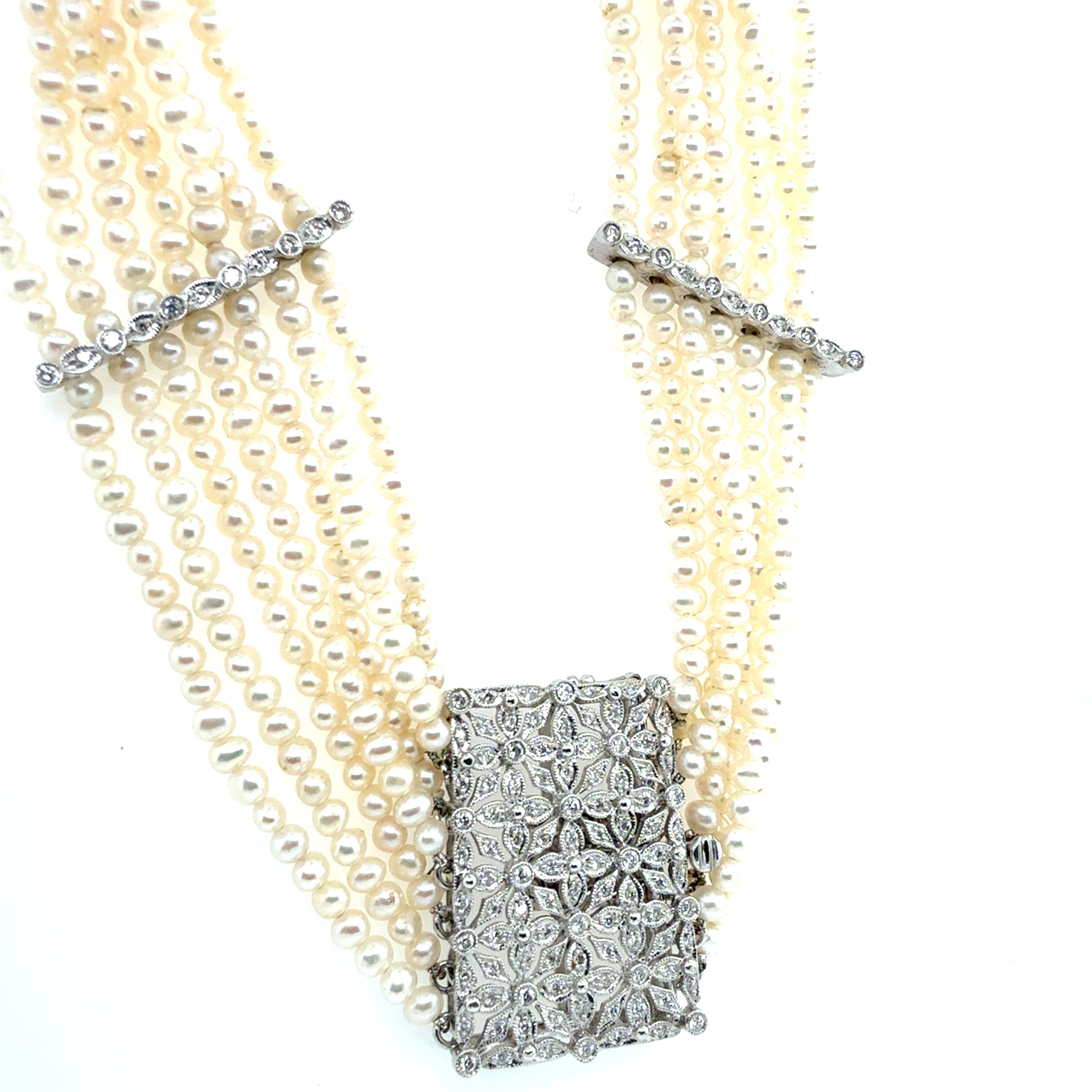 Retro Gold 7 Strand Pearl & 0.80 Carat Natural Diamond Choker Necklace 1985