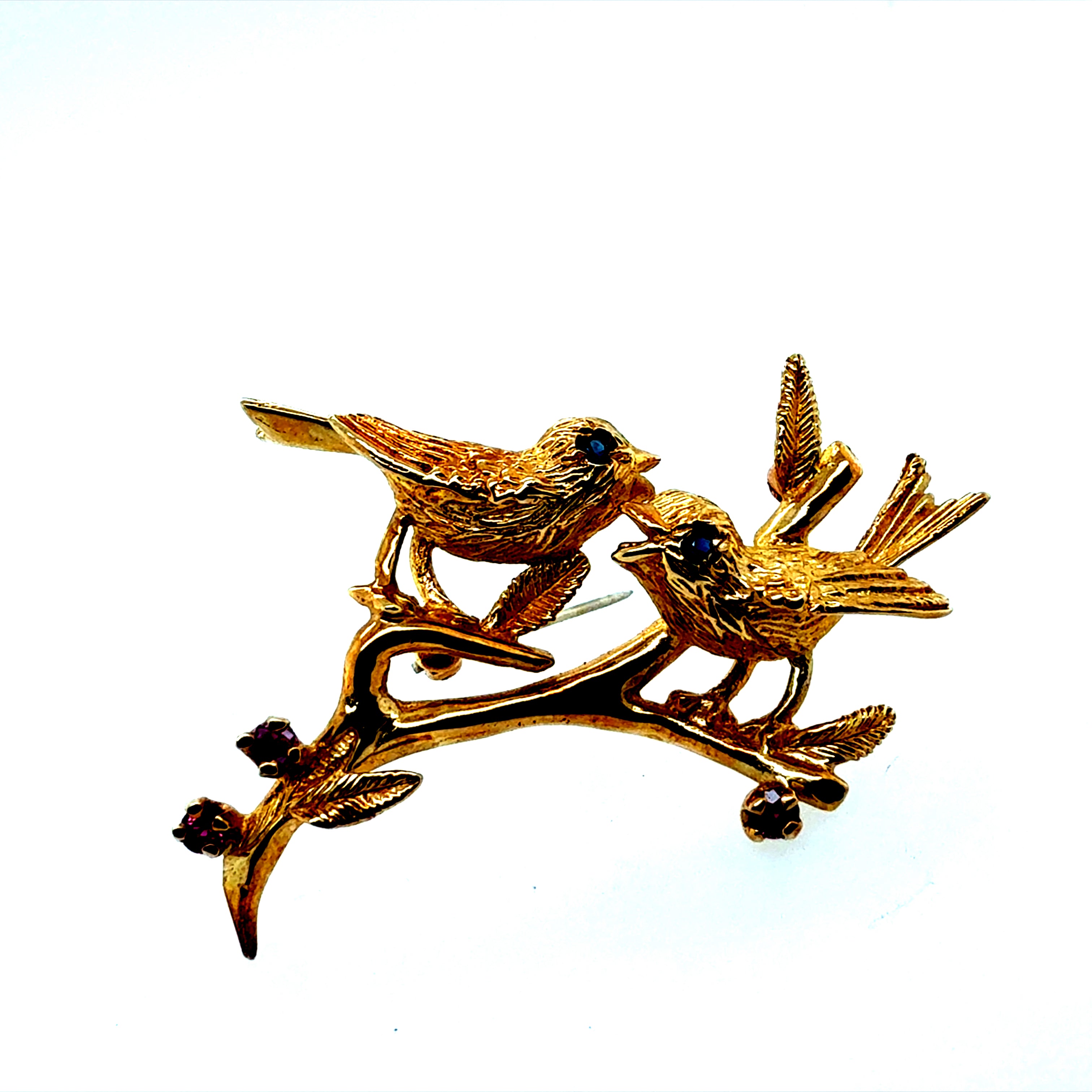 Retro Yellow Gold Birds on a Branch Gem Brooch Circa 1985