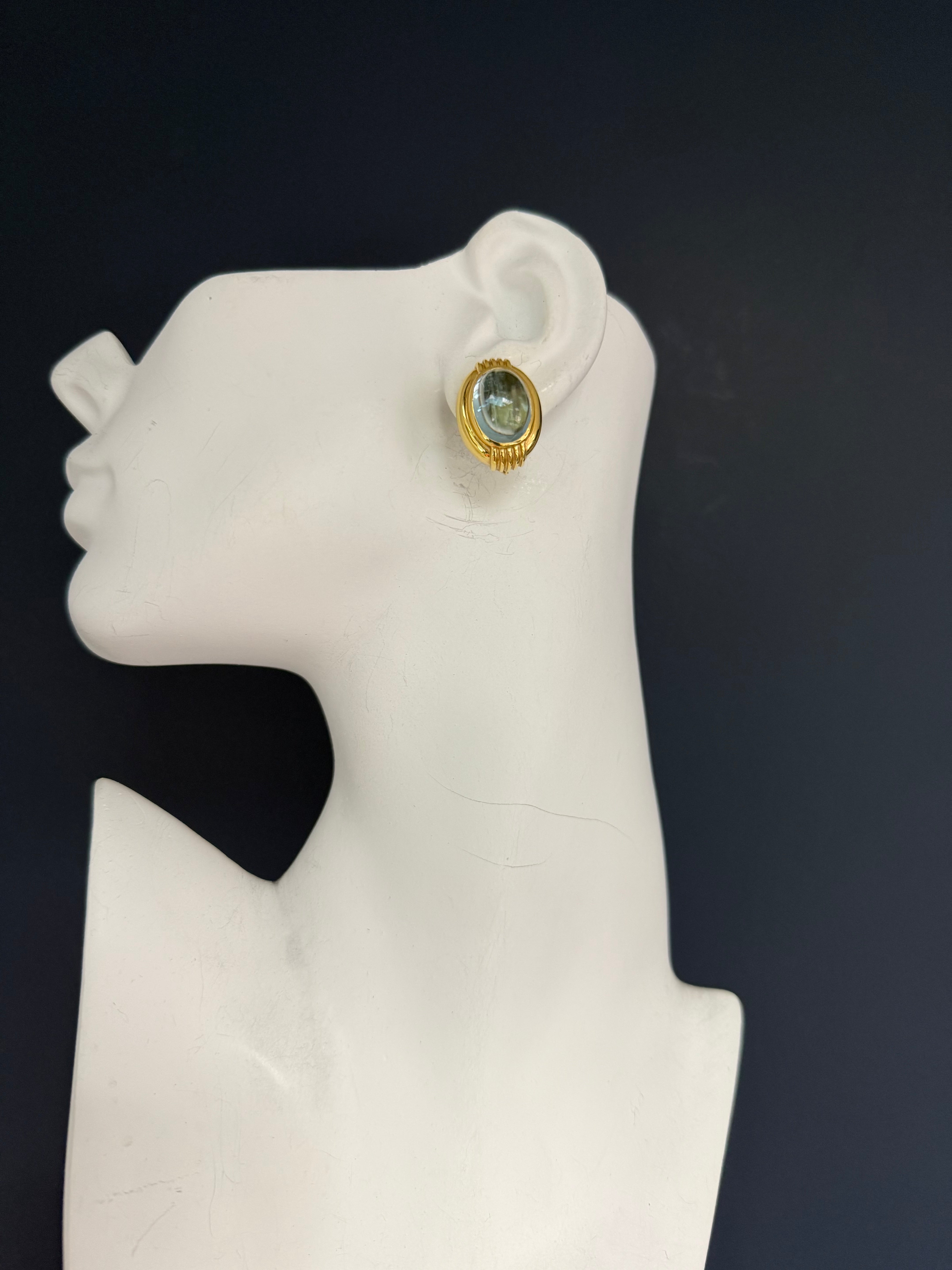 Retro Gold Natural Blue Topaz Cabochon Clip Earrings by Gump’s