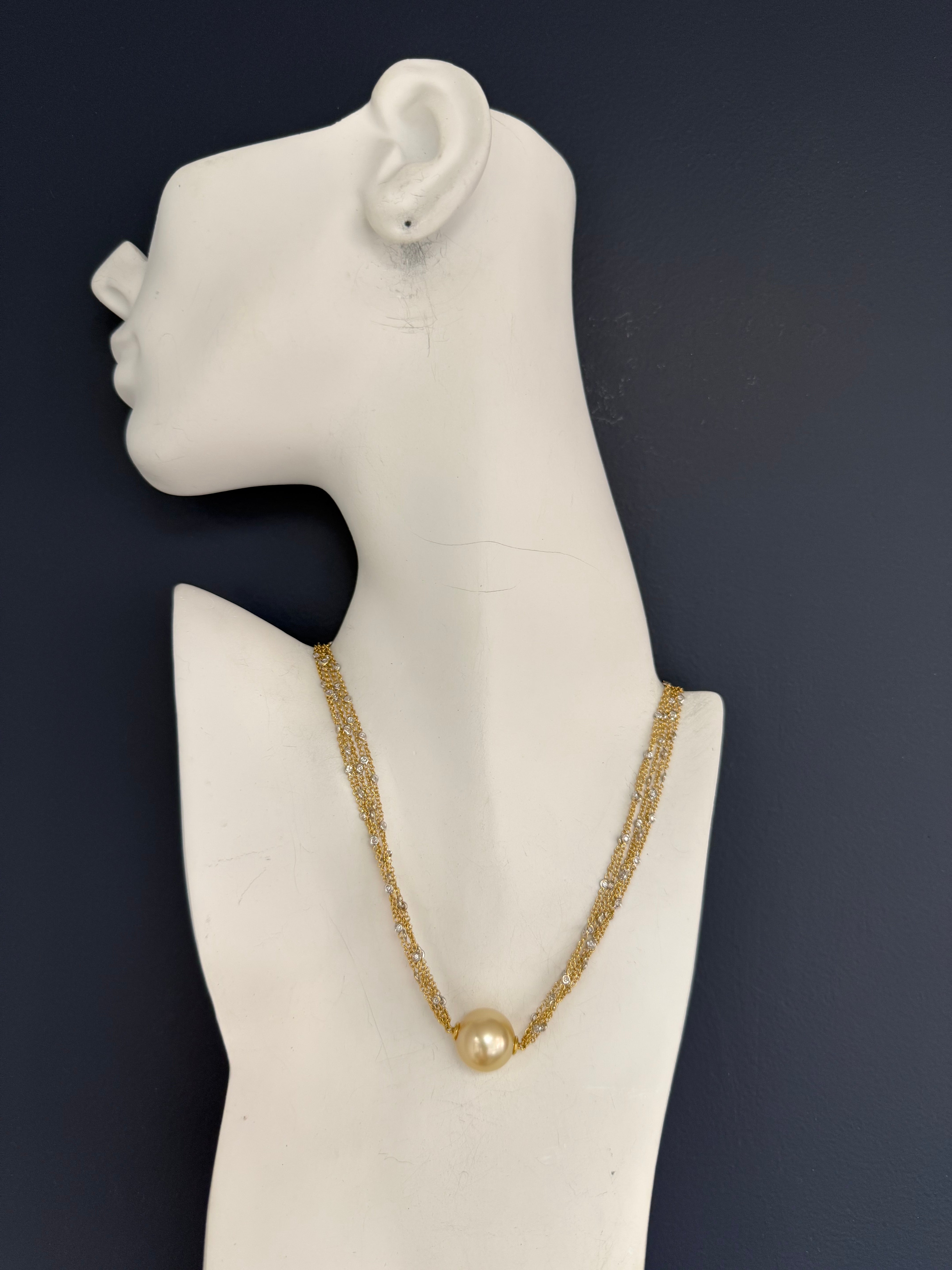 Modern Gold 1ct Diamond & 15mm Golden South Sea Pearl Necklace by HERCO