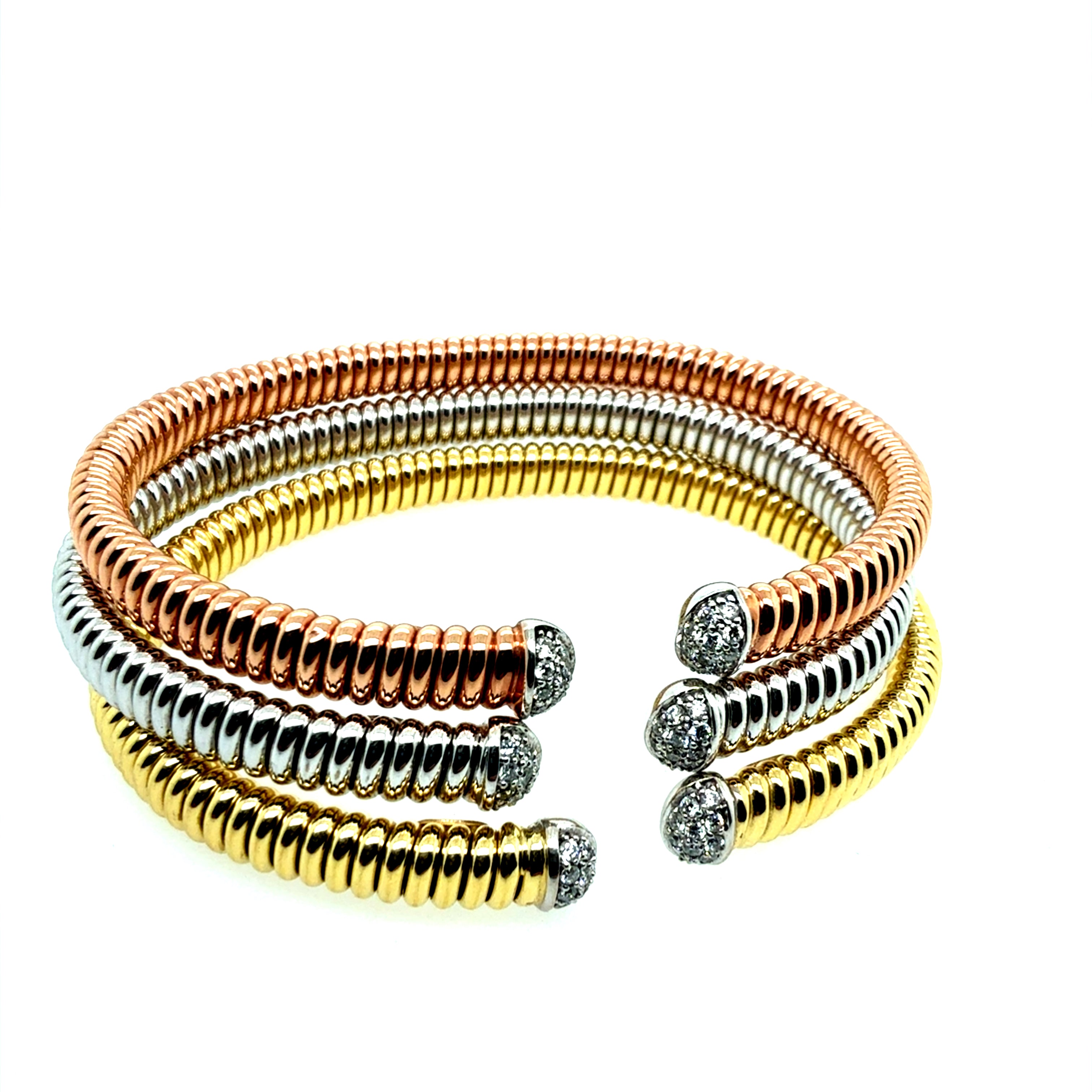 Modern Italian Tricolor 18K Gold 0.75ct Natural Diamond Stack Bracelet by HERCO
