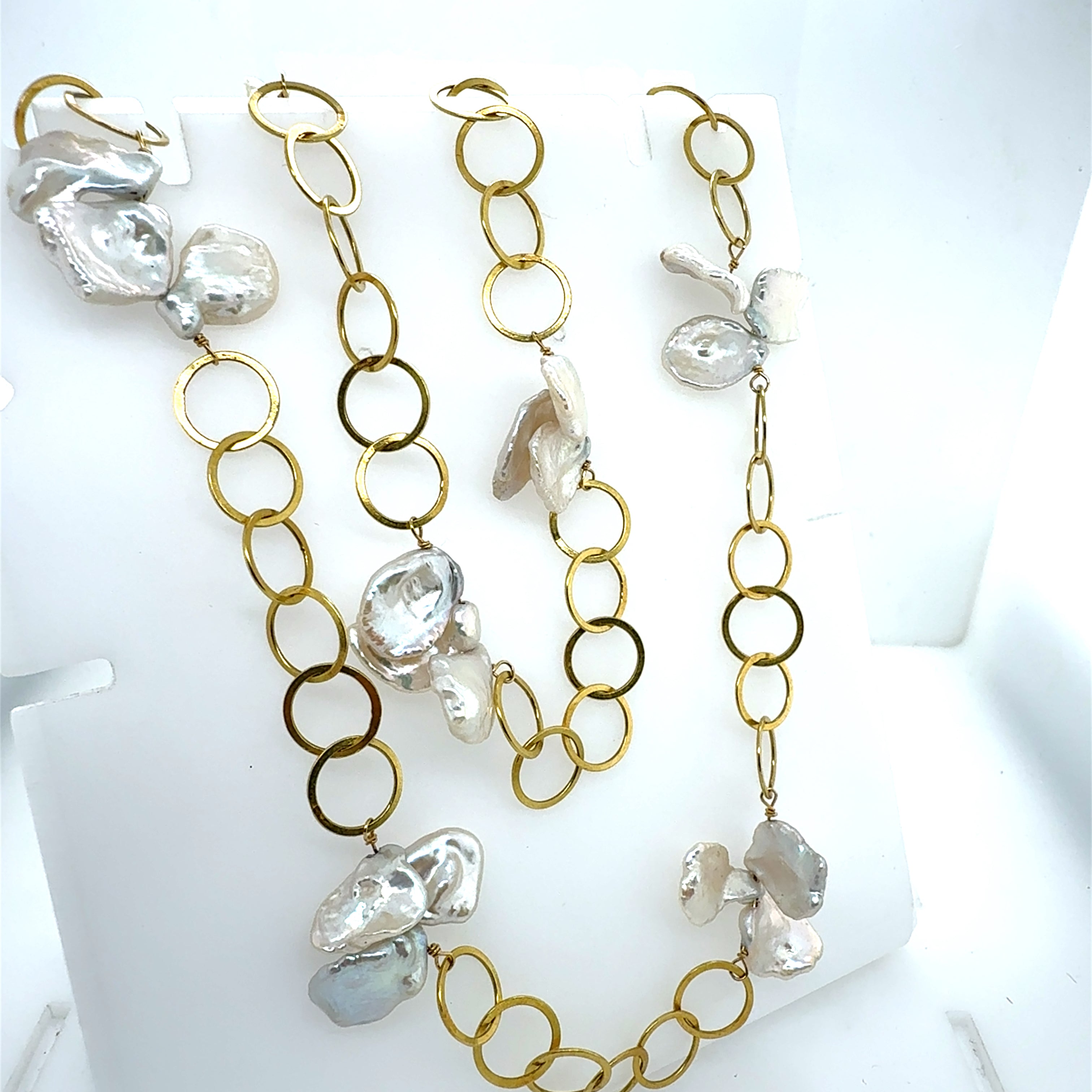 Retro Yellow Gold 36-Inch Keshi Pearl Opera Circular Ring Necklace Circa 1990