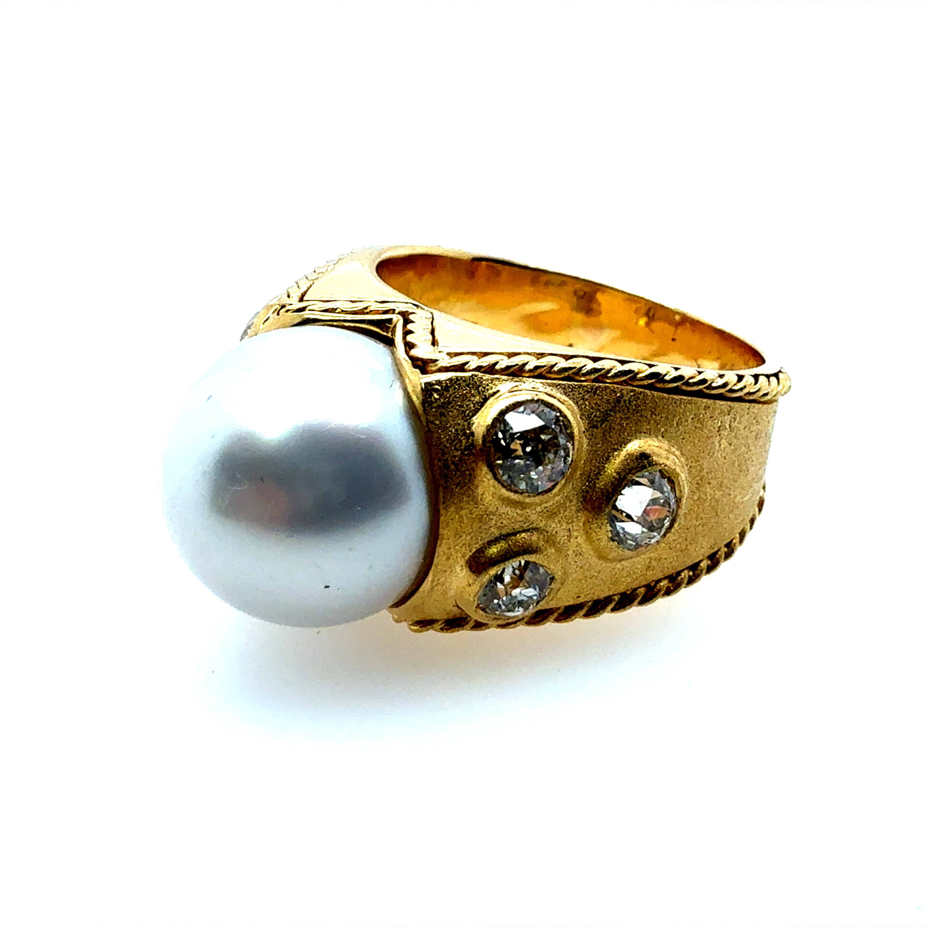 Retro Gold Natural 1 CT Old Mine Cut Diamond & South Sea Pearl Ring Circa 1990