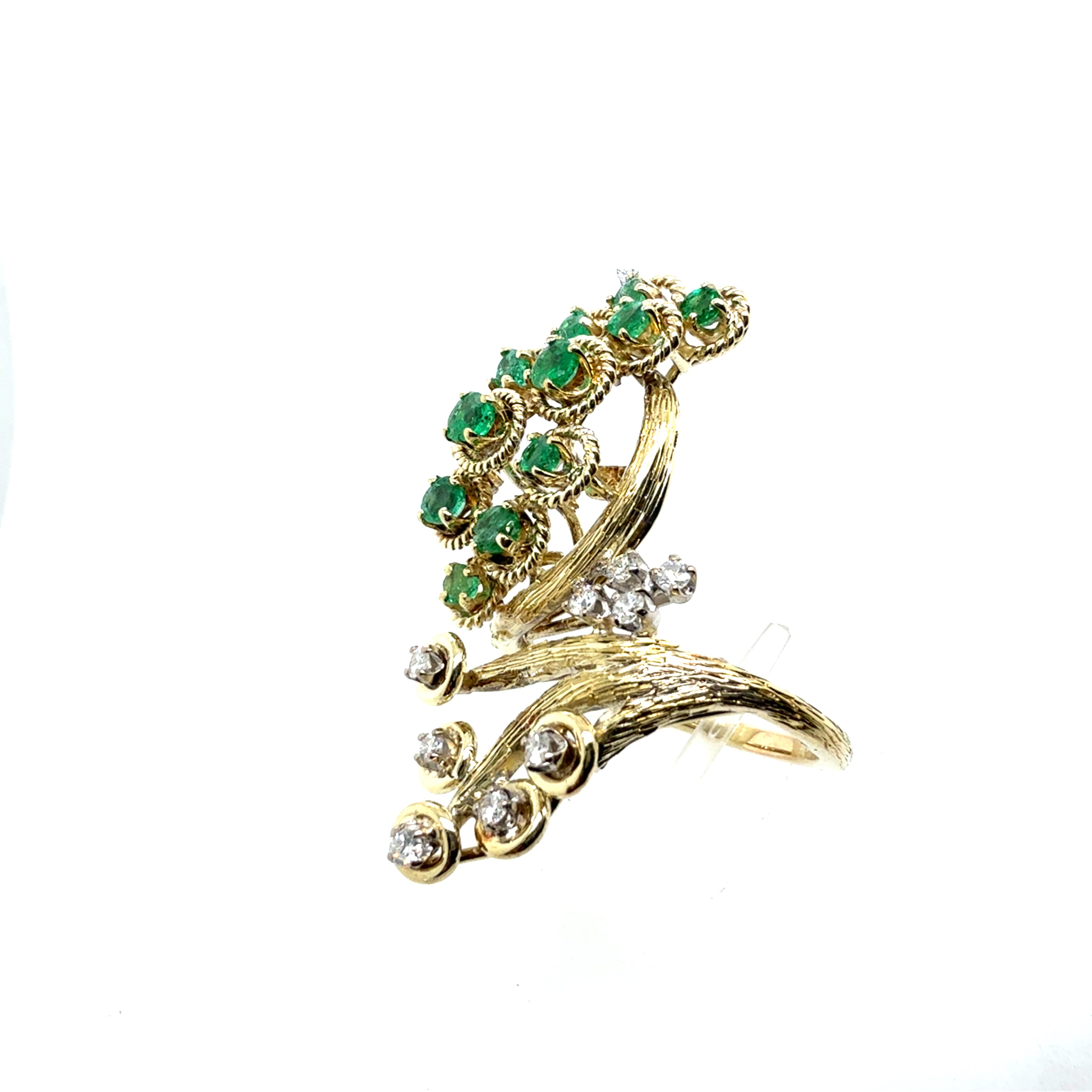 Retro Yellow Gold 0.65 CT Natural Diamond & Emerald Cocktail Ring Circa 1960