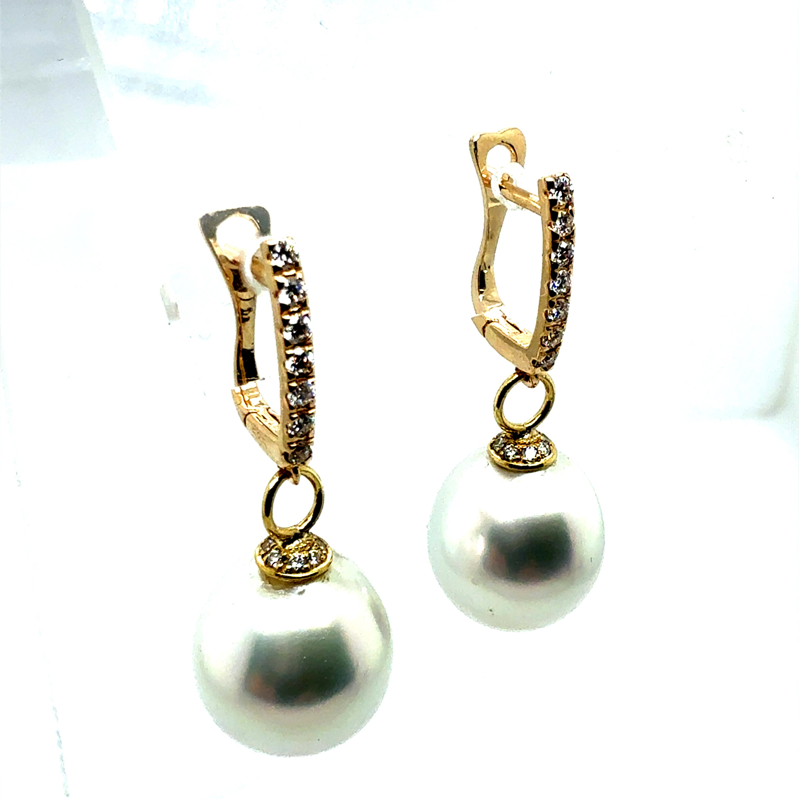 Modern Gold .35 Carat Natural Diamond & 12.5mm South Sea Pearl Drop Earrings