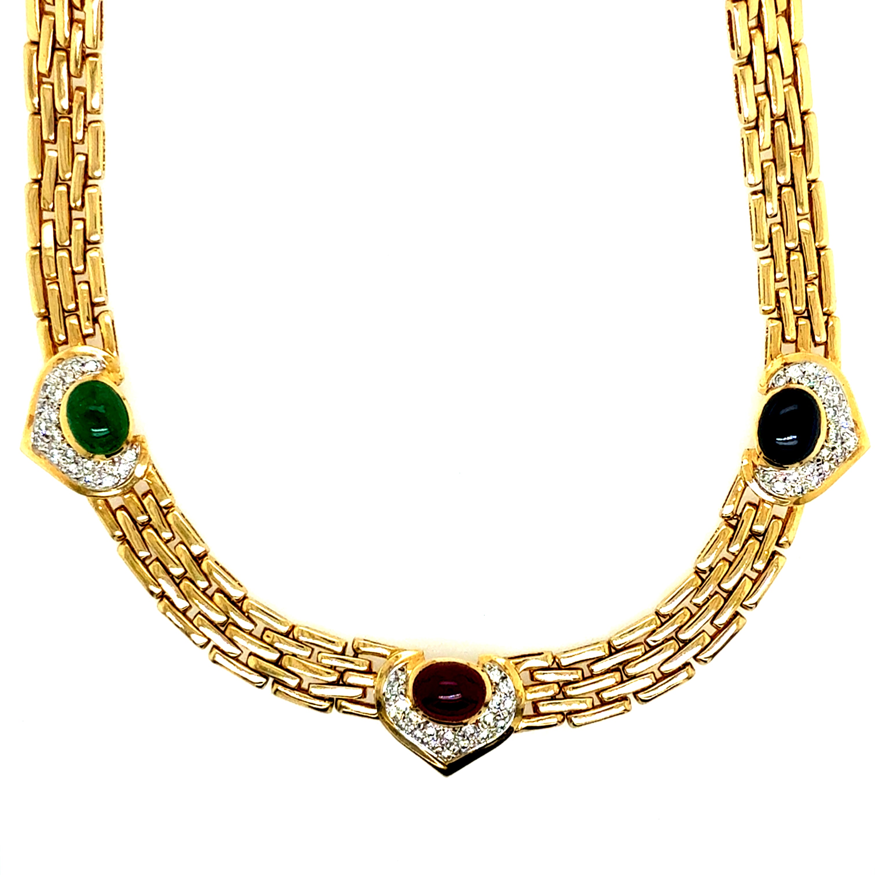 Retro Gold 8 CT Diamond and Multicolor Cabochon Statement Necklace Circa 1980