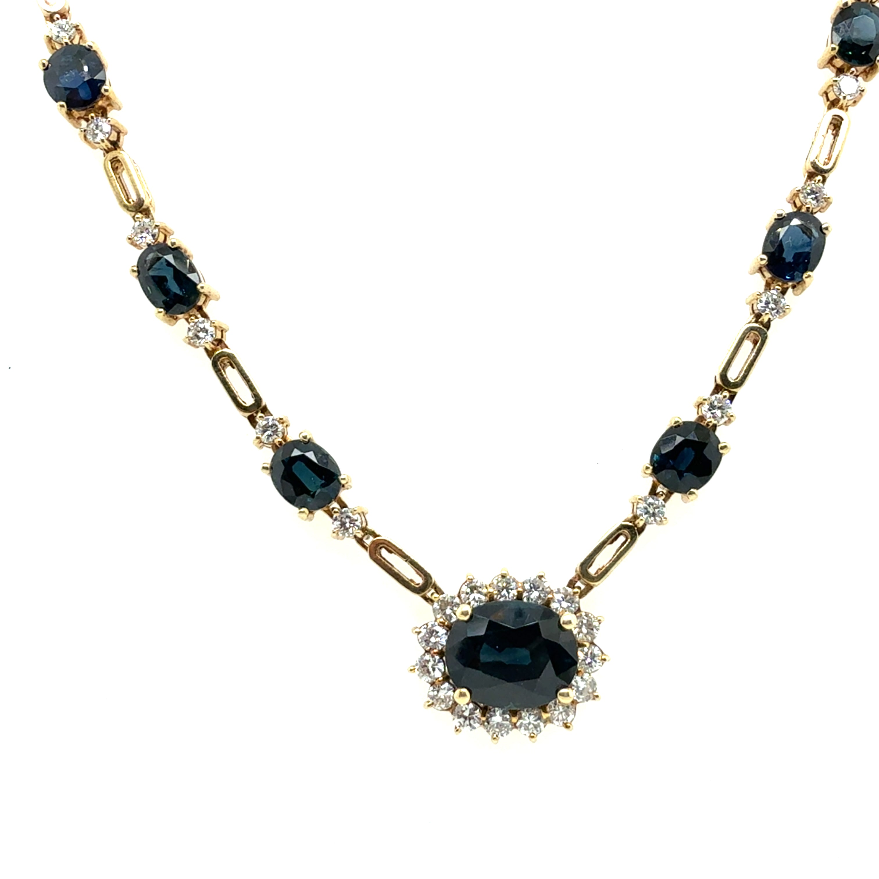 Retro Gold 7.55 Carat Natural Diamond & Royal Blue Sapphire Statement Necklace