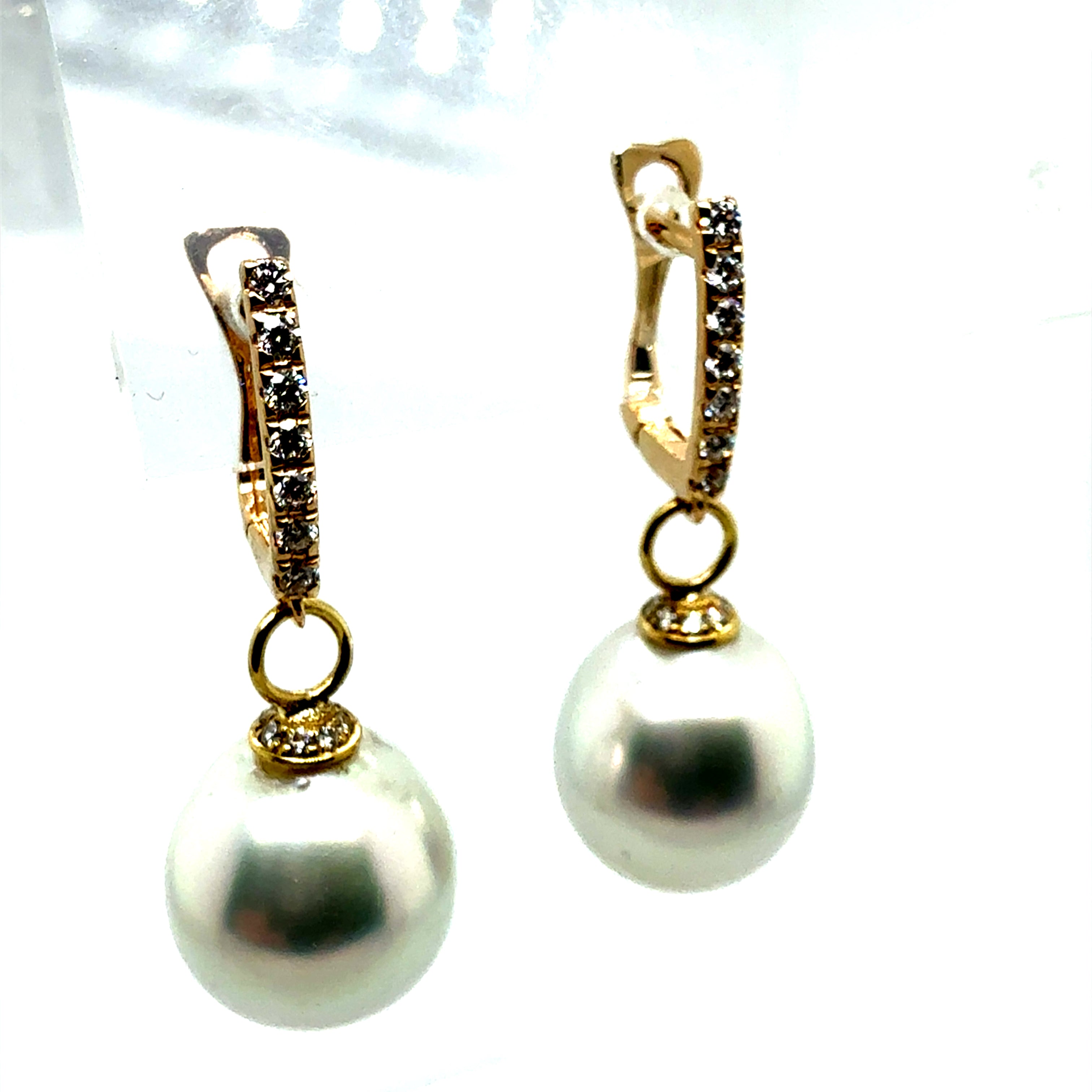 Modern Gold .35 Carat Natural Diamond & 12.5mm South Sea Pearl Drop Earrings