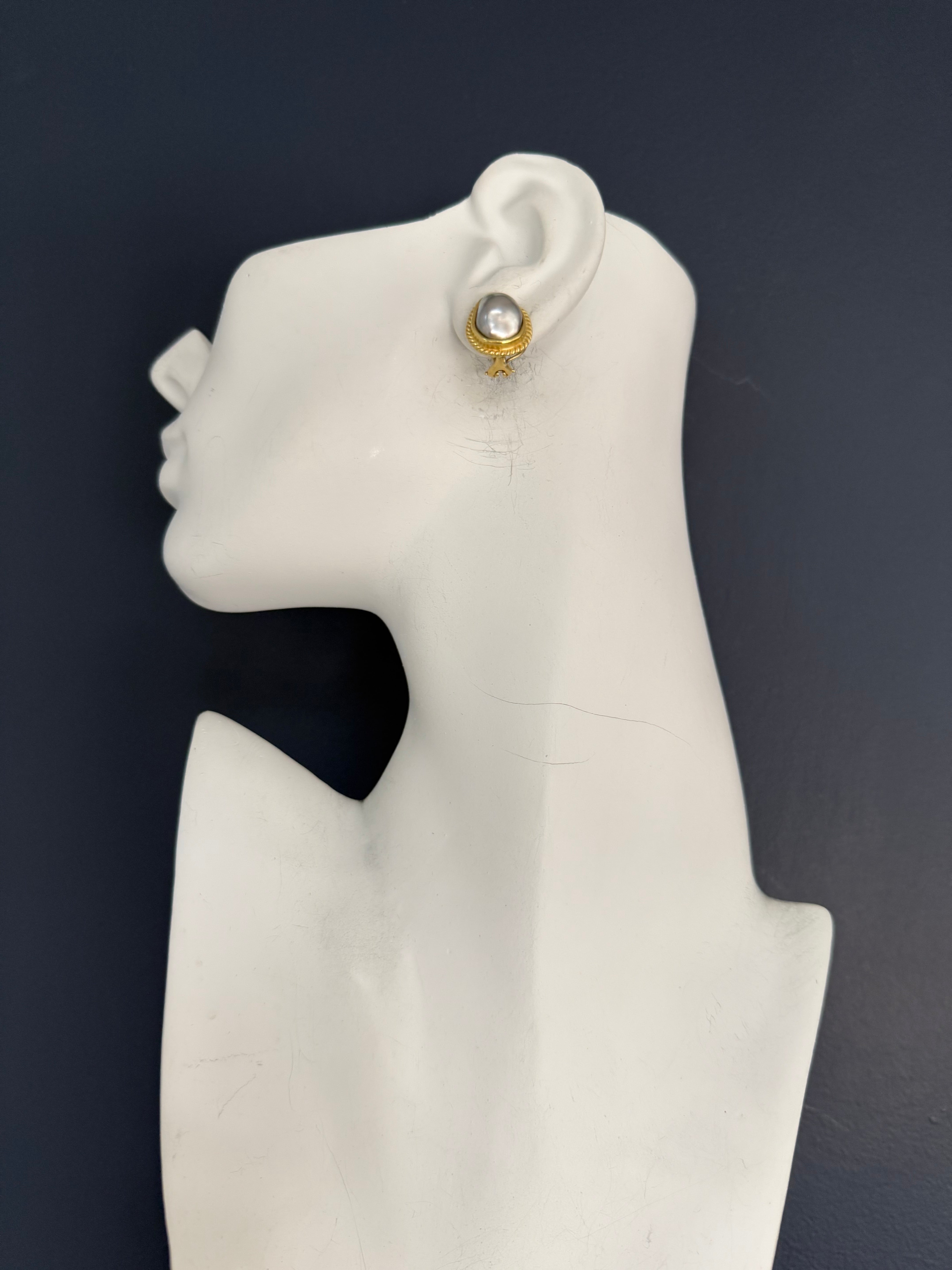 Retro Yellow Gold Black Tahitian Baroque Pearl Earrings Circa 1995