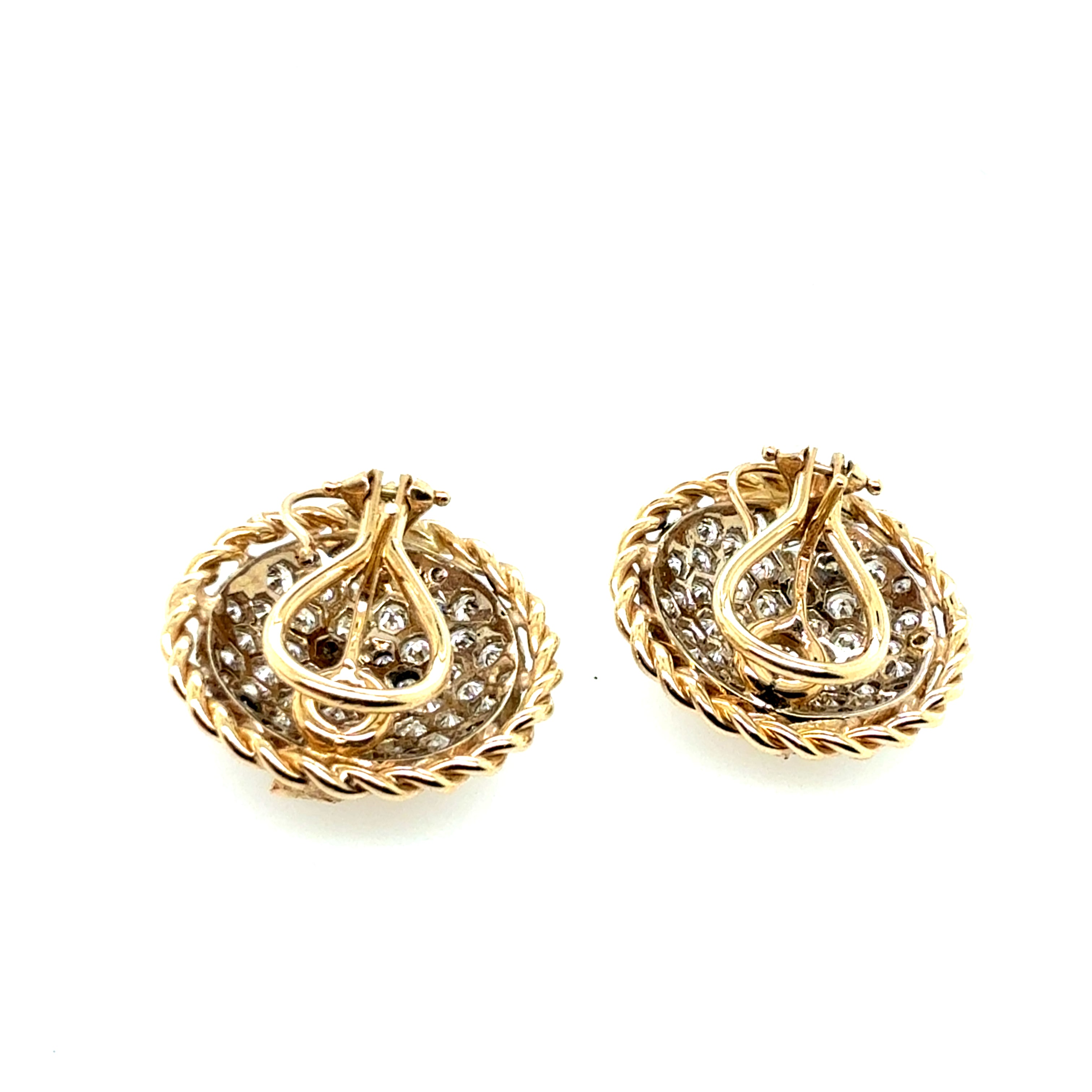 Retro Gold 3 Carat Natural Round & Baguette Colorless Diamond Earrings