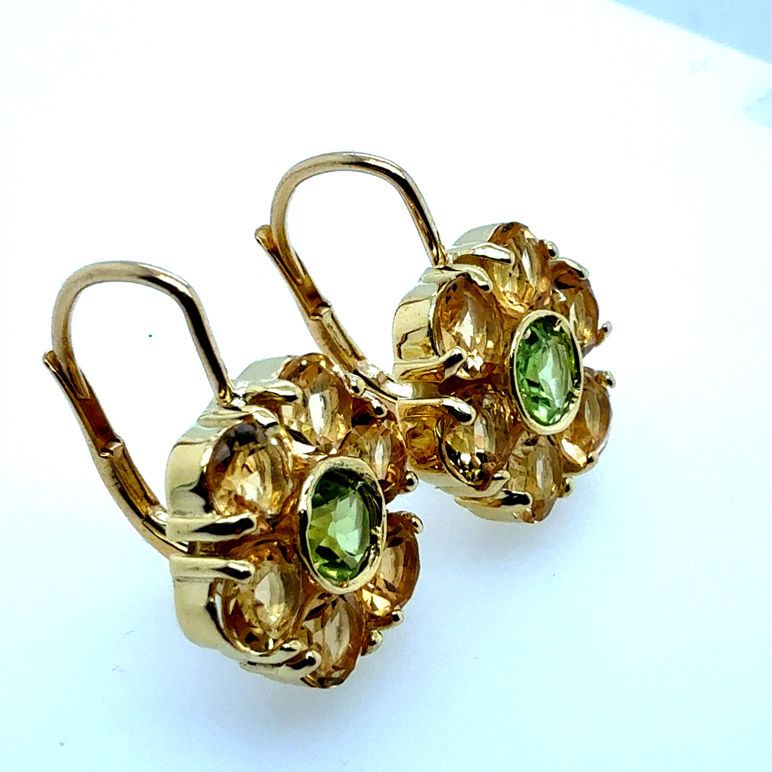 Modern Yellow Gold Green Peridot and Citrine Quartz Statement Earrings