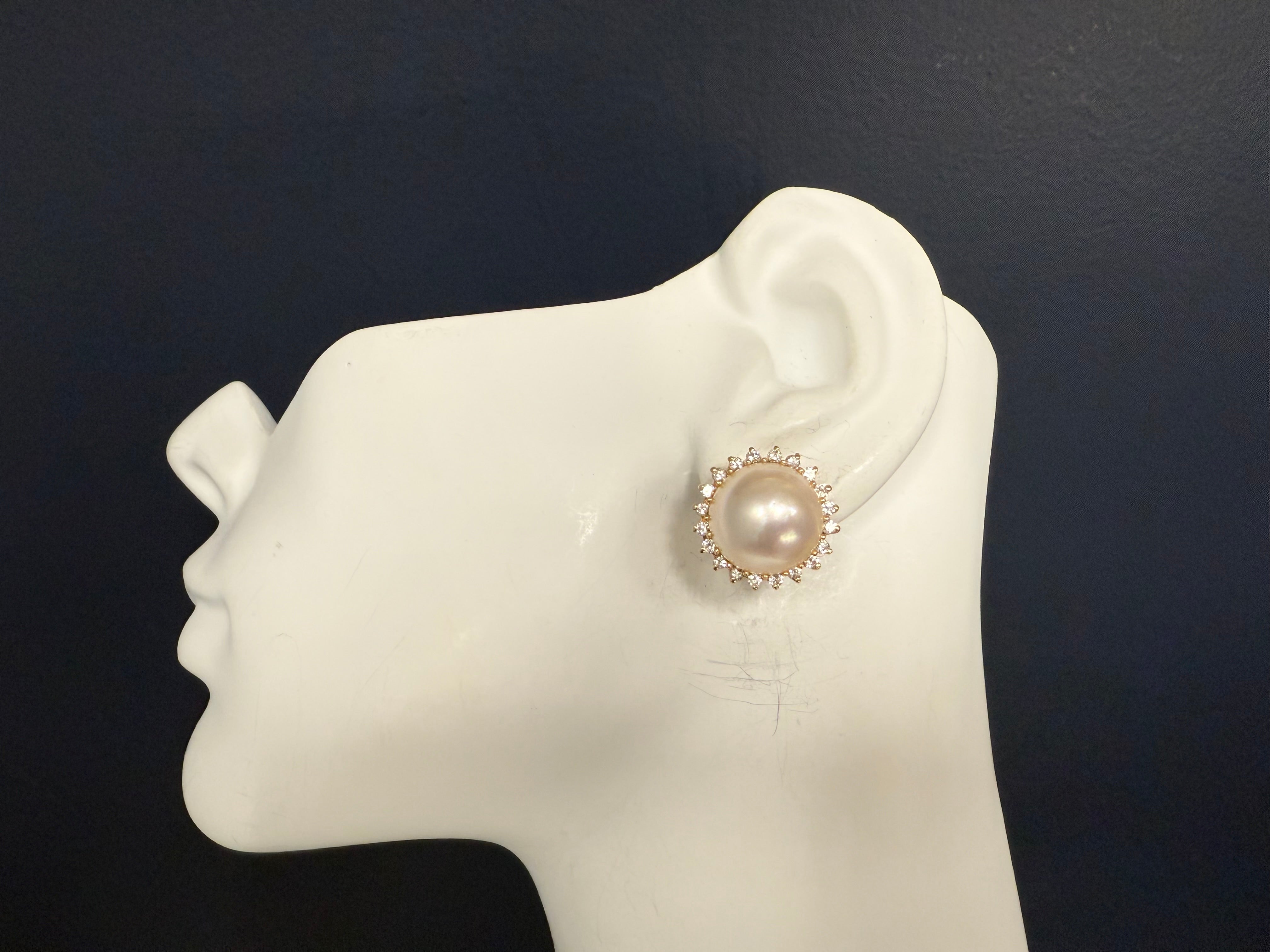 Retro 14K Yellow Gold Mabe 1.2 Carat Natural Diamond & Pearl Statement Earrings