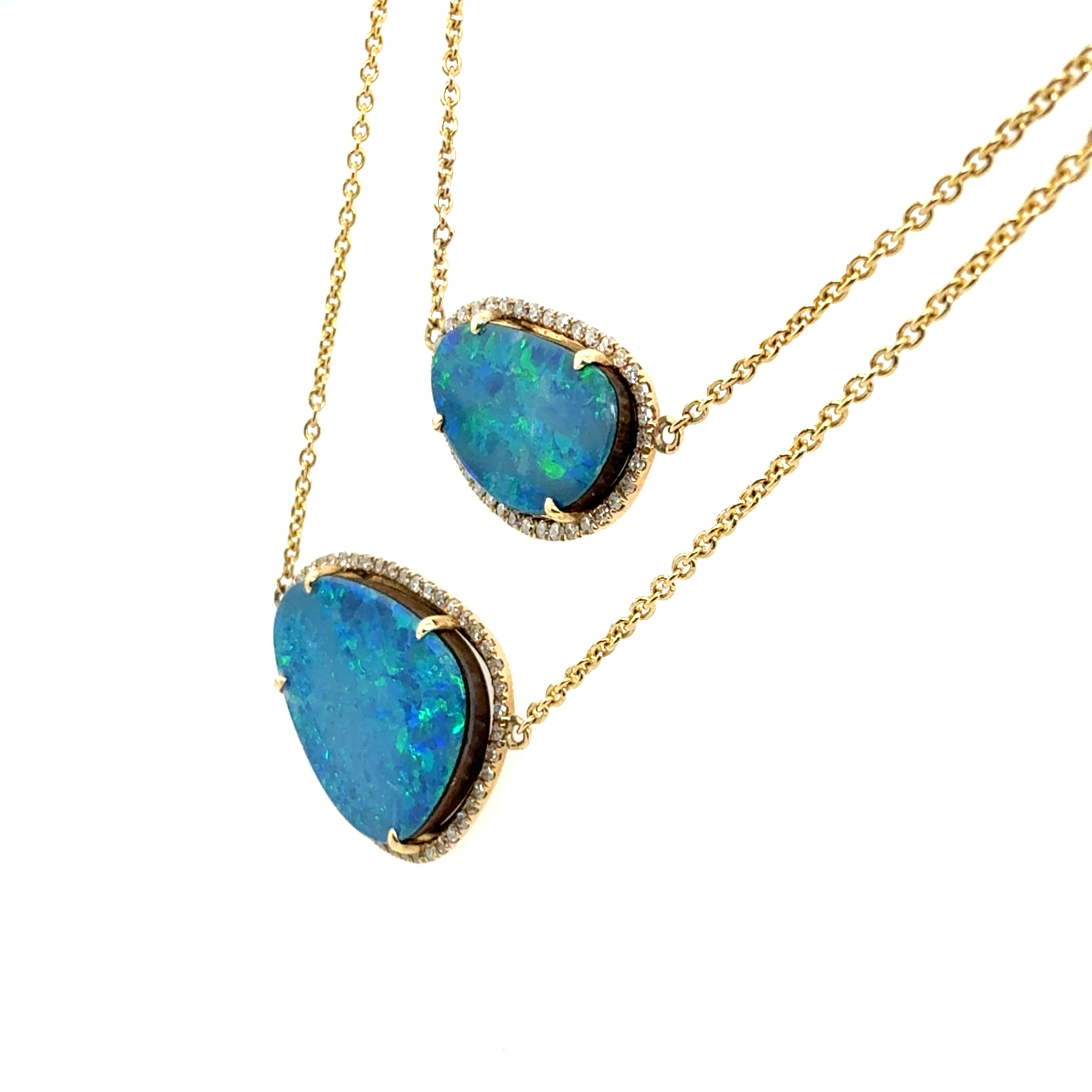 Modern 14K Gold Opal Doublet & Natural Diamond Two Strand Statement Necklace