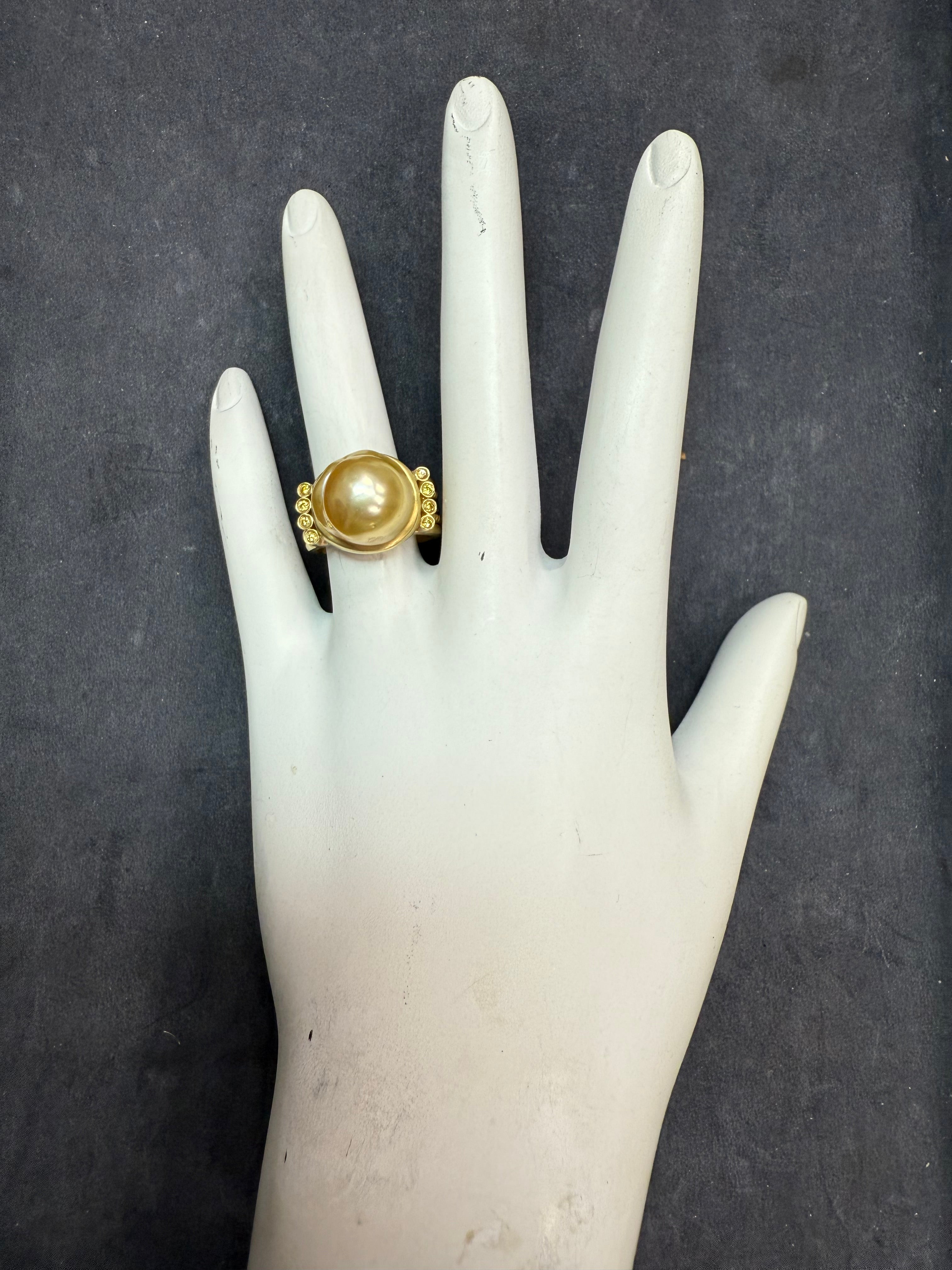 Retro Gold Natural Vivid Yellow Diamond & Golden South Sea Pearl Ring Circa 1990