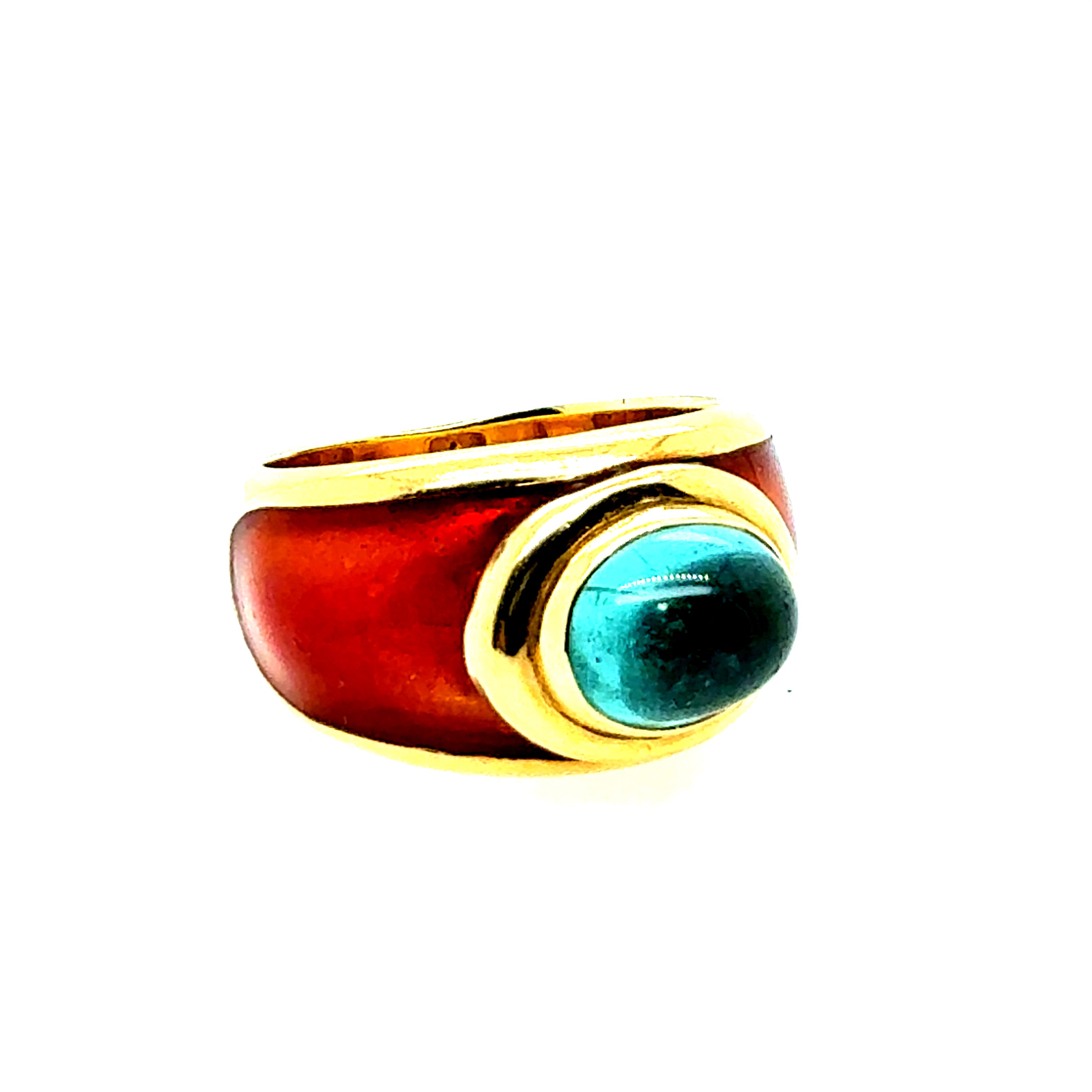 Retro Yellow Gold Tourmaline Cabochon with Caramel Enamel Statement Ring