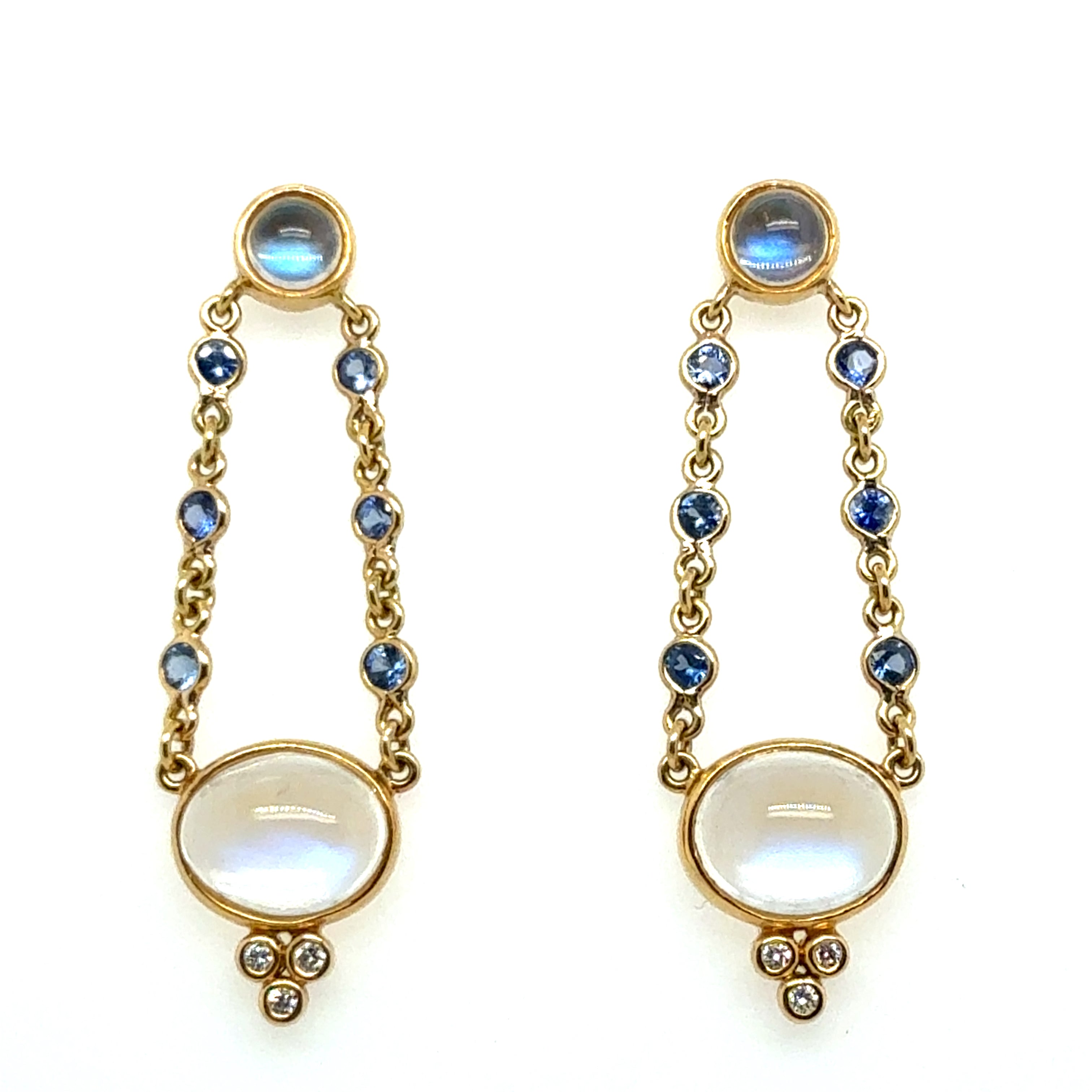 Retro Gold Moonstone CAB, Tanzanite & Natural Diamond Drop Earrings 1980