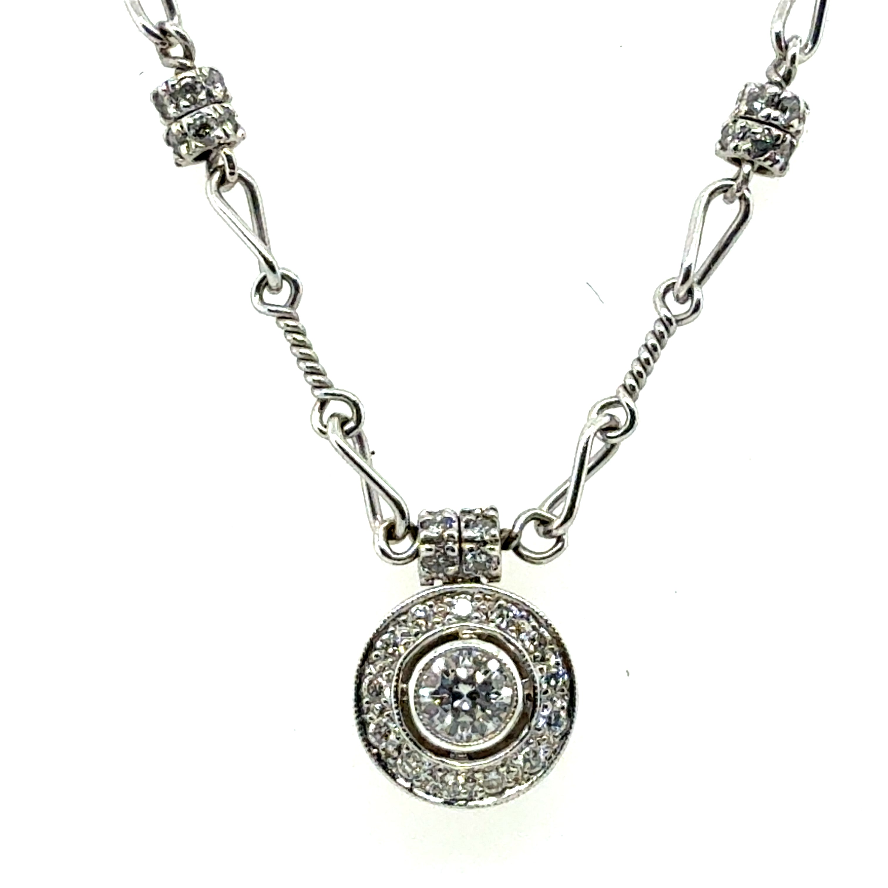 Retro Platinum and Gold 1 Carat Natural Diamond Necklace Pendant by Pepi