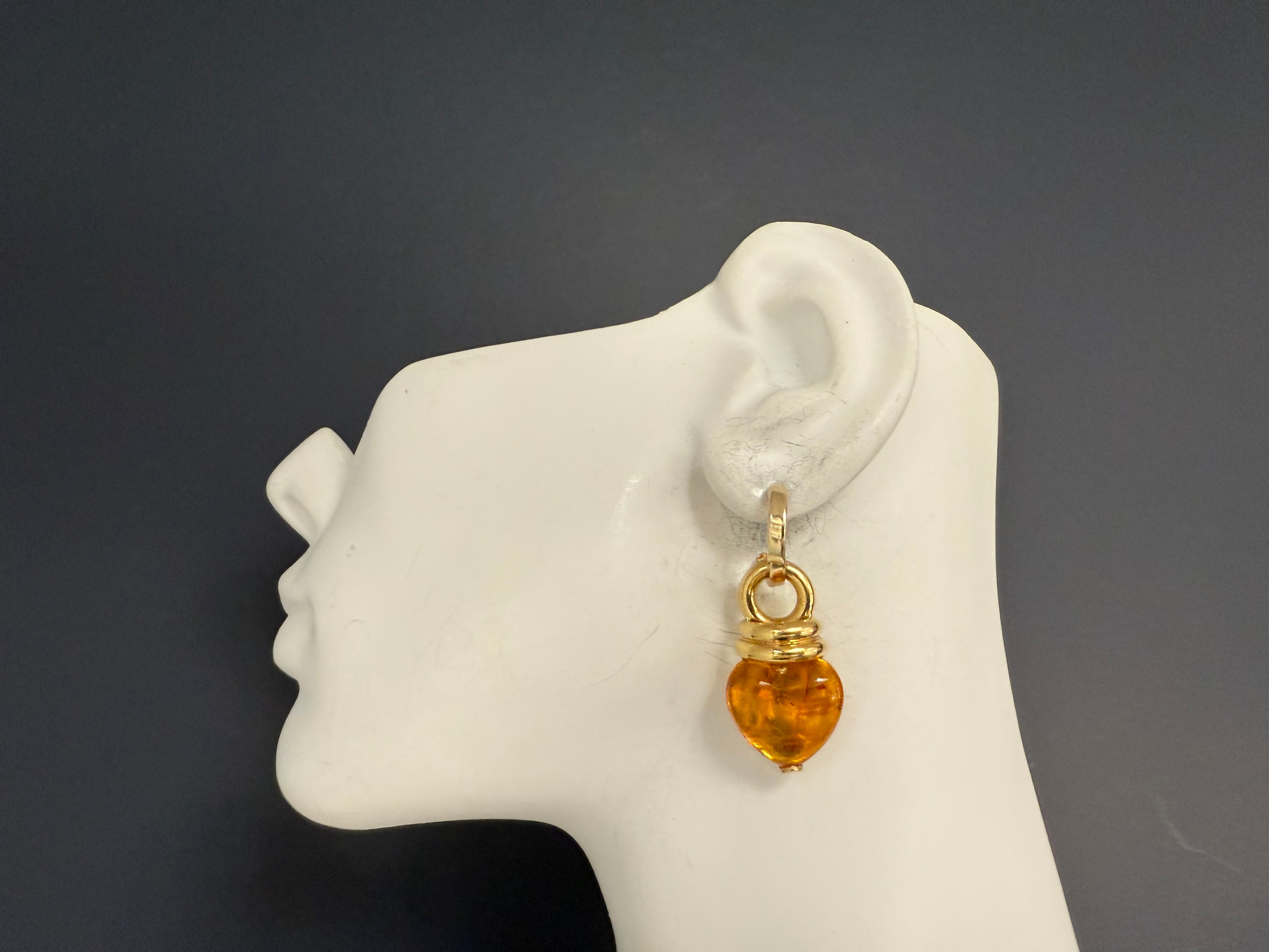 Retro 18K Yellow Gold Heart-Shaped Amber Drop Earrings by Le-Gi