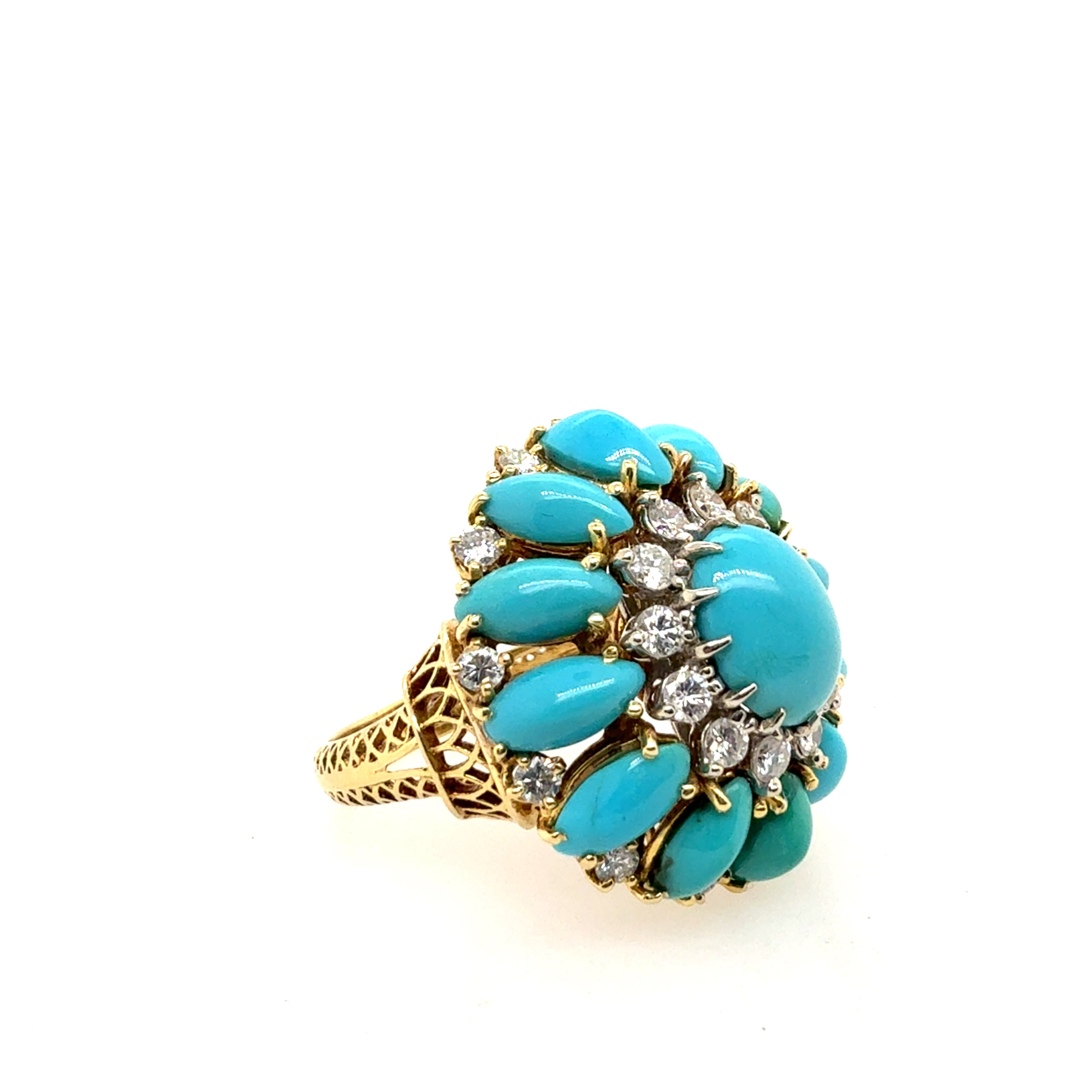 Retro Gold 1.1 CT Natural Diamond & Turquoise Cocktail Ring Circa 1960