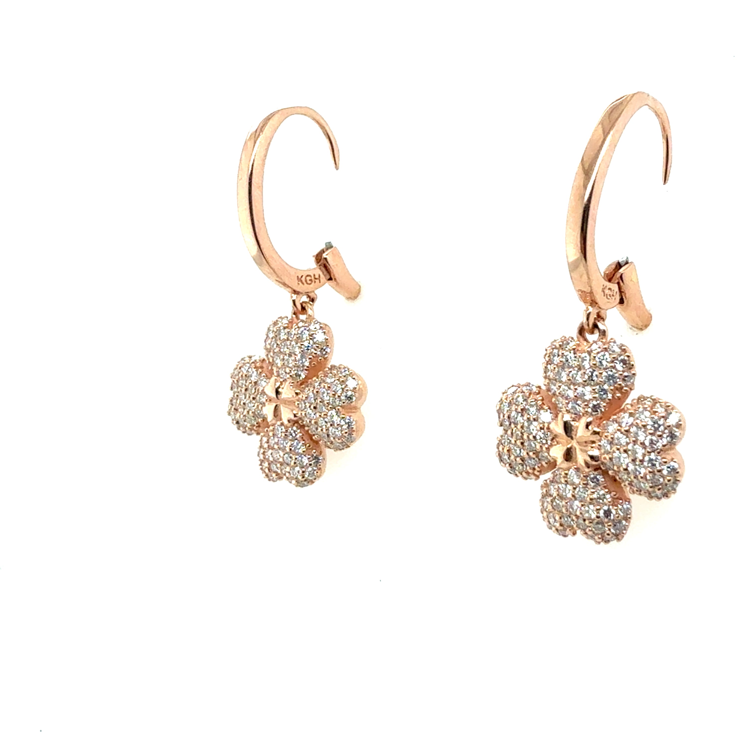 Modern 14K Rose Gold 1.25ct Natural Diamond Flower Clover Drop Earrings