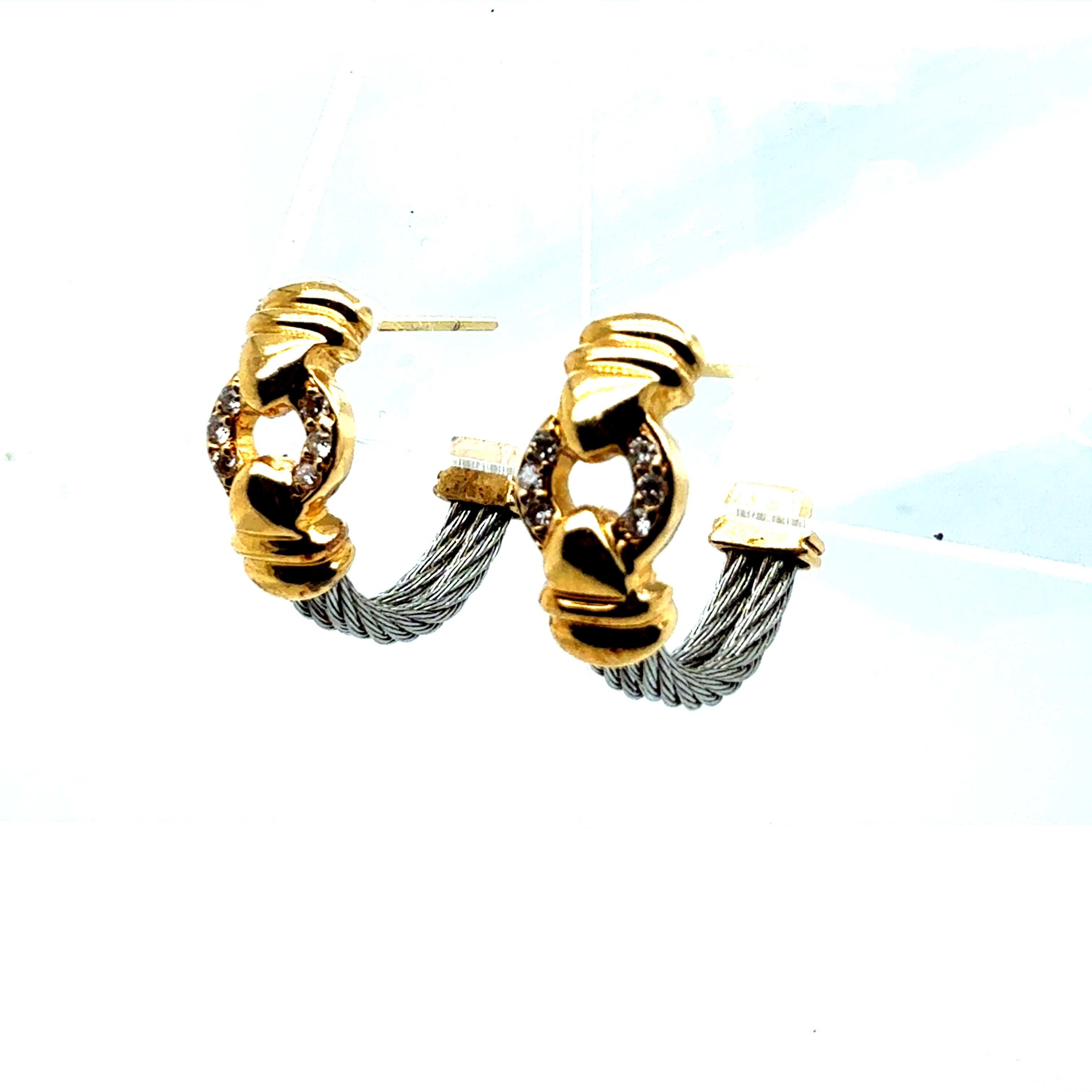 Retro Gold and Natural Diamond Steel Cable Earrings by Philippe Charriol