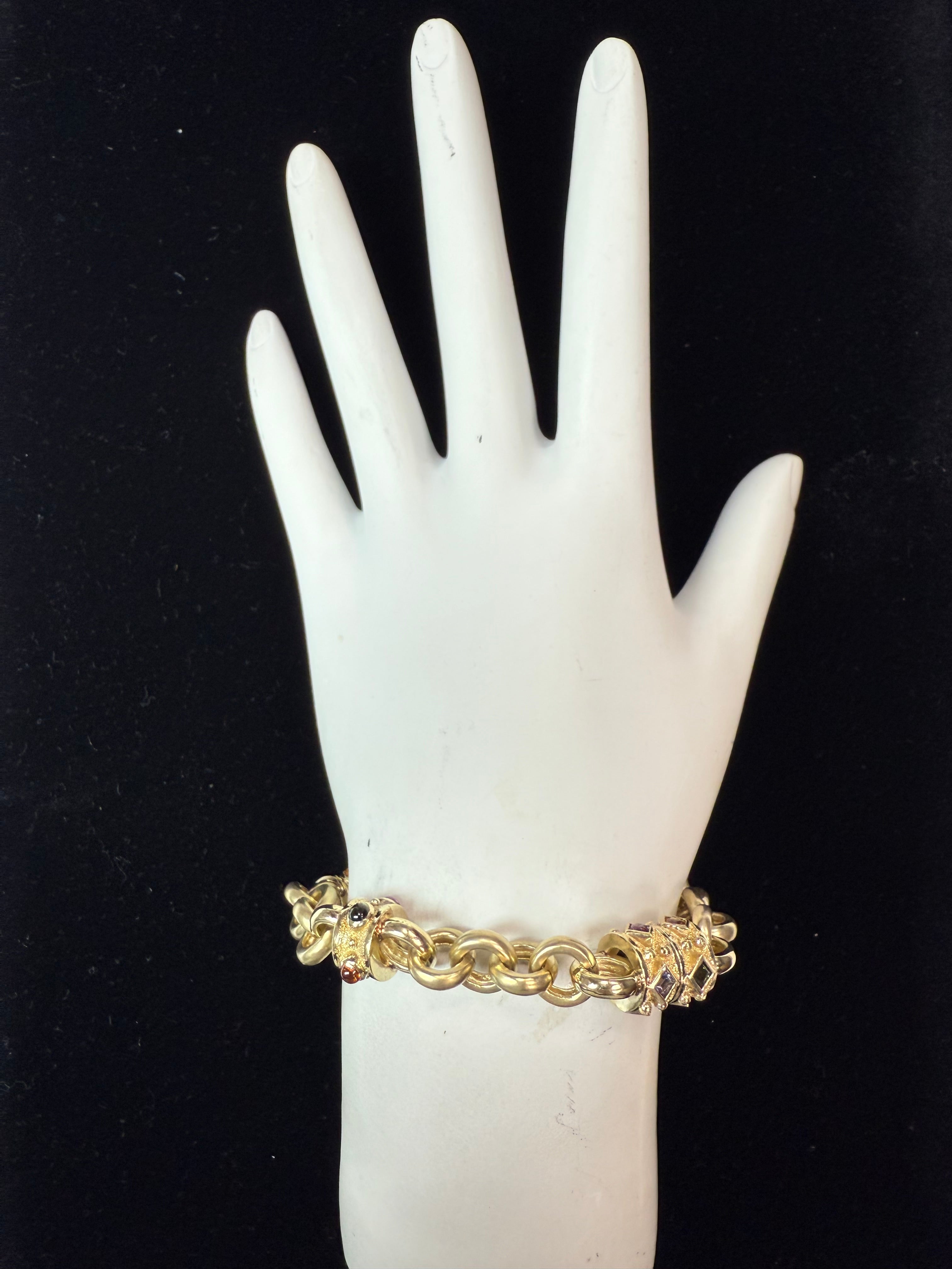 Statement 14K Gold Toggle Bracelet with Amethyst, Sapphire, Tourmaline Cabochon