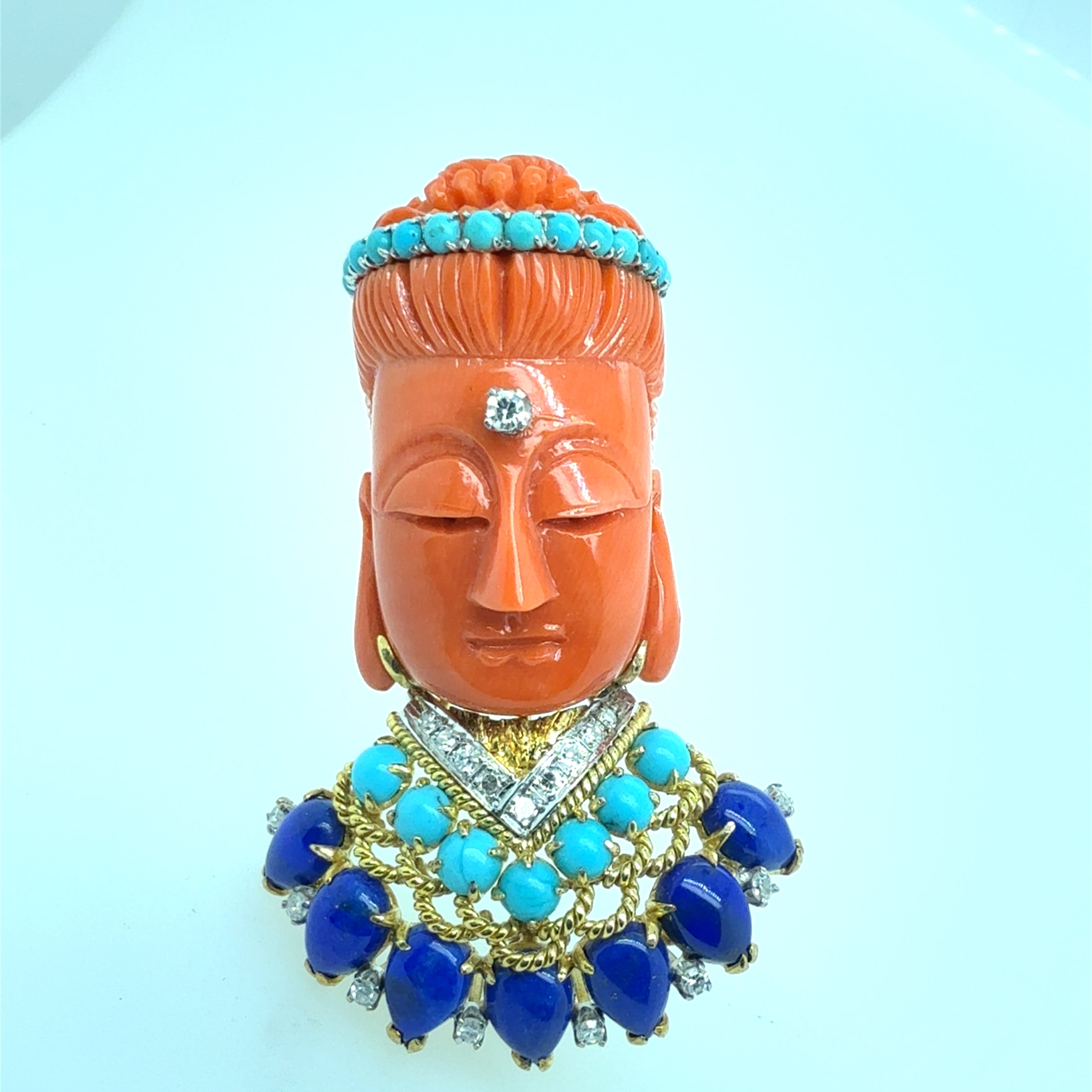 Retro Gold Buddha Turquoise Lapis & Diamond Brooch-Pin Circa 1950