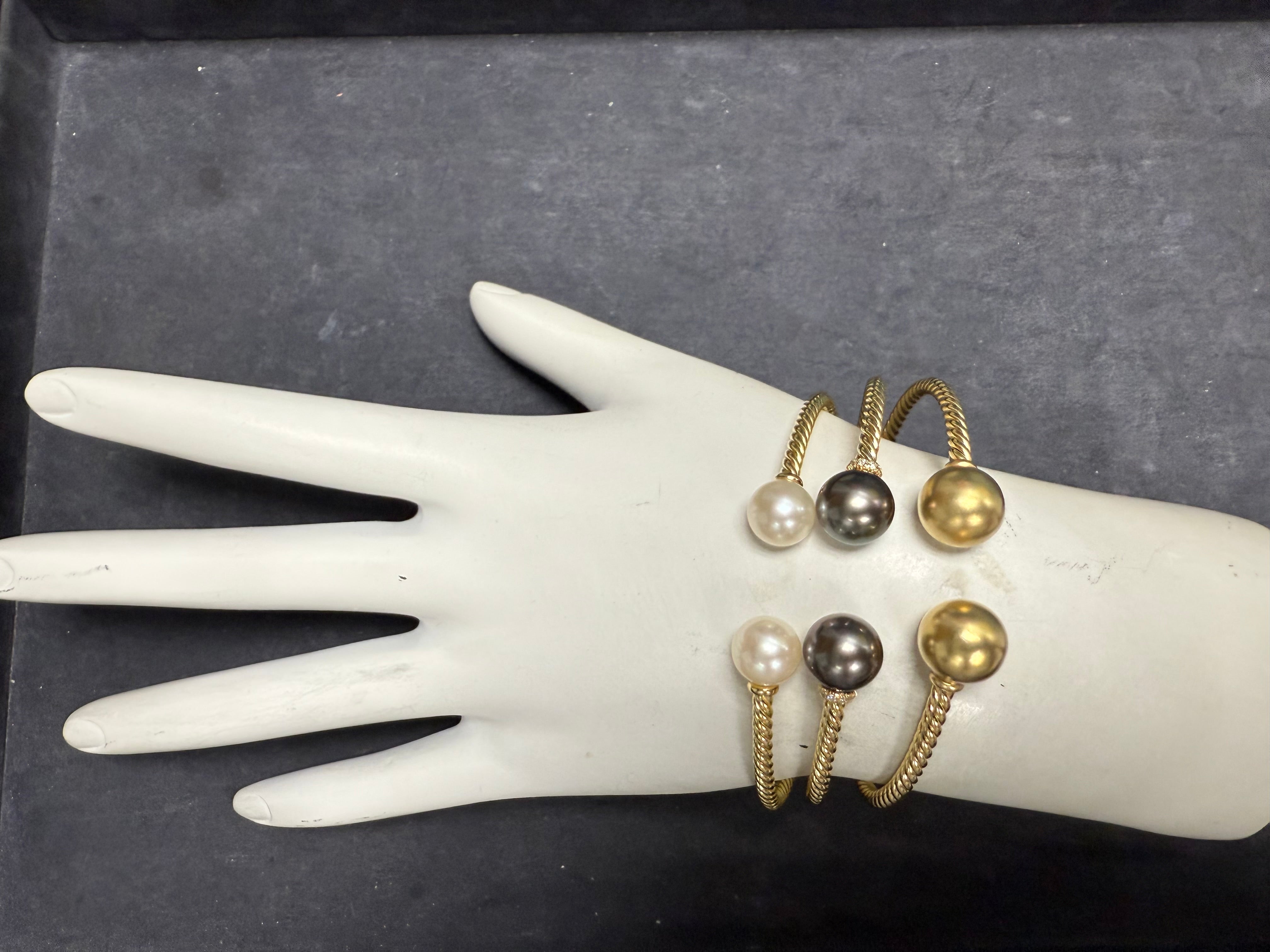 Modern Gold David Yurman Solari Pearl & Diamond Flex Bangle 3 Bracelet Set