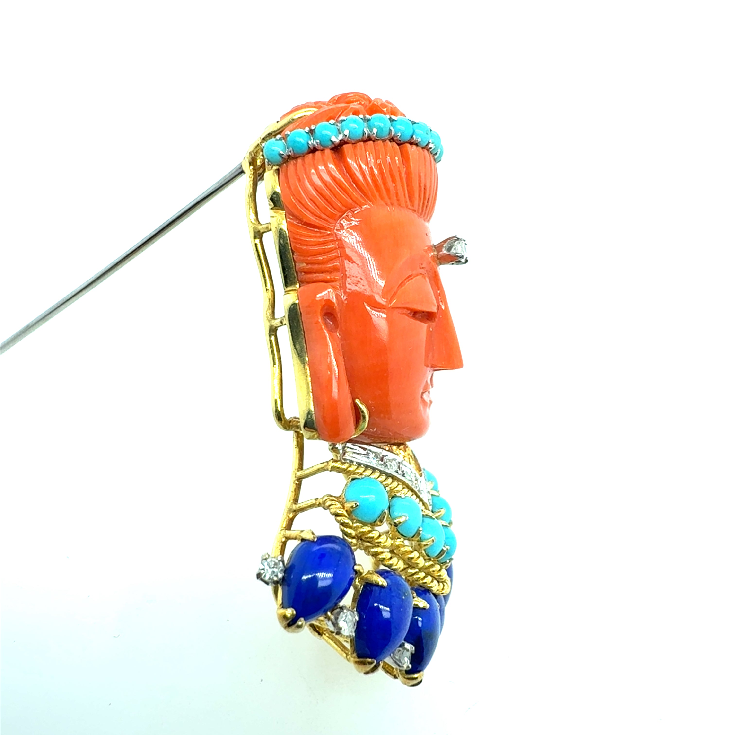 Retro Gold Buddha Turquoise Lapis & Diamond Brooch-Pin Circa 1950