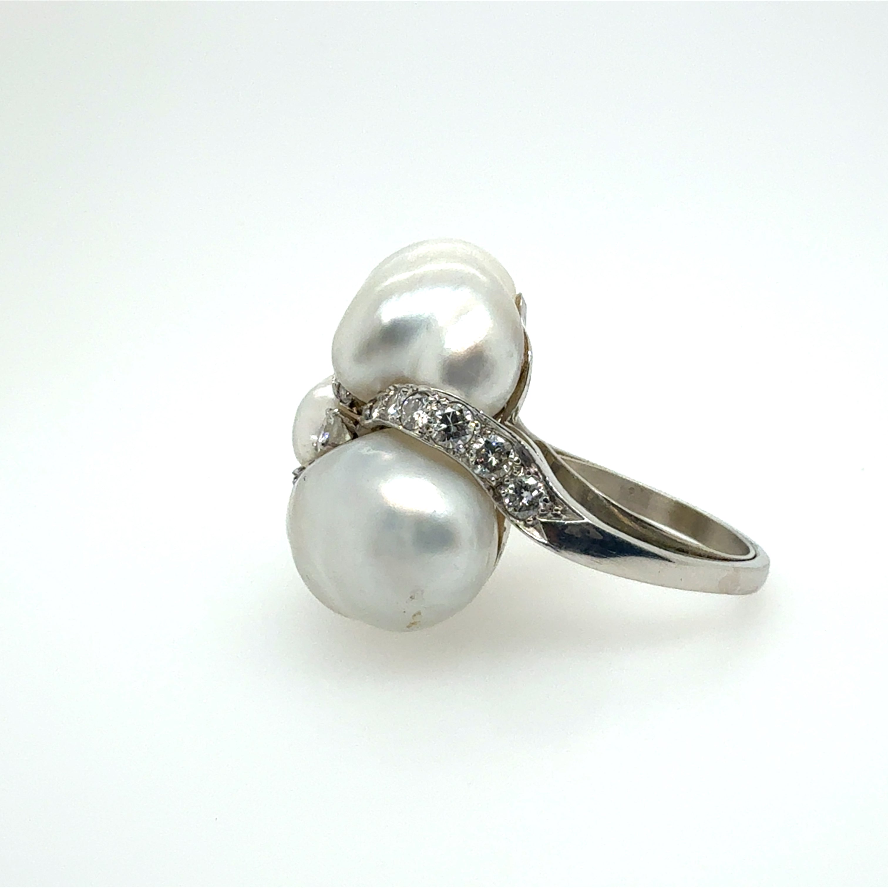 Retro Platinum 2.2 Carat Natural Diamond and Pearl Cocktail Ring Circa 1960