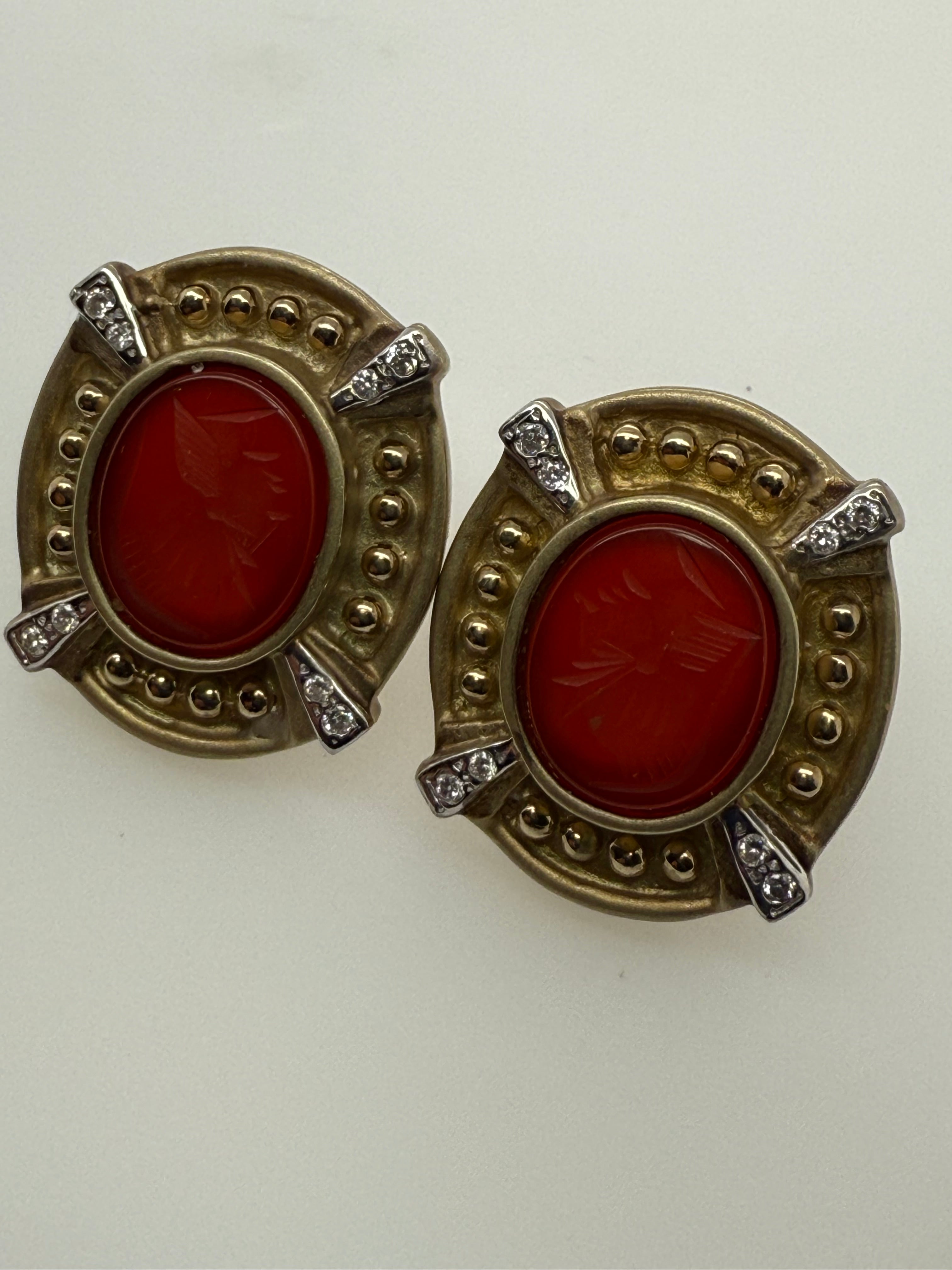 Retro Gold Natural Diamond and Roman Carnelian Intaglio Statement Earrings