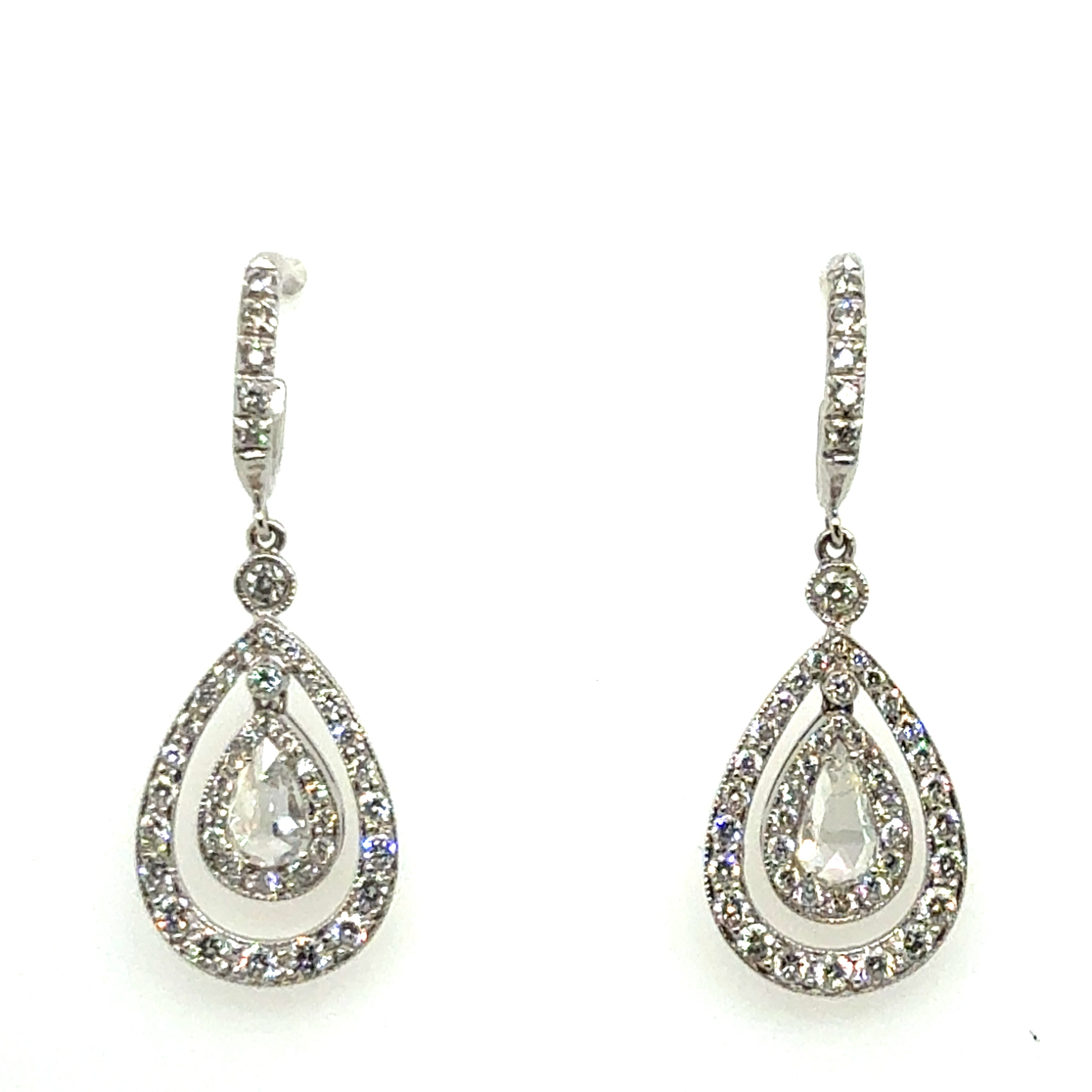 Modern Gold 1.5 Carat Natural Colorless Diamond Pear Rose Cut Drop Earrings