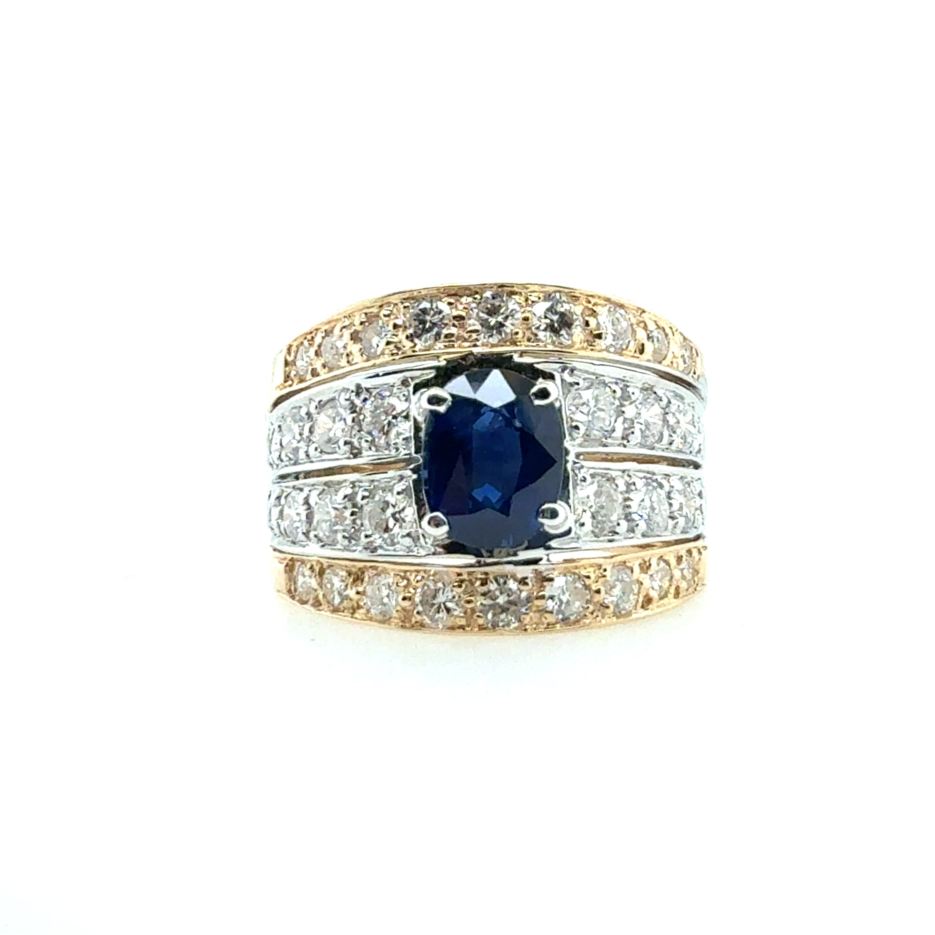 Retro Two-Tone Gold 3 Carat Natural Royal Blue Sapphire & Diamond Ring 1980
