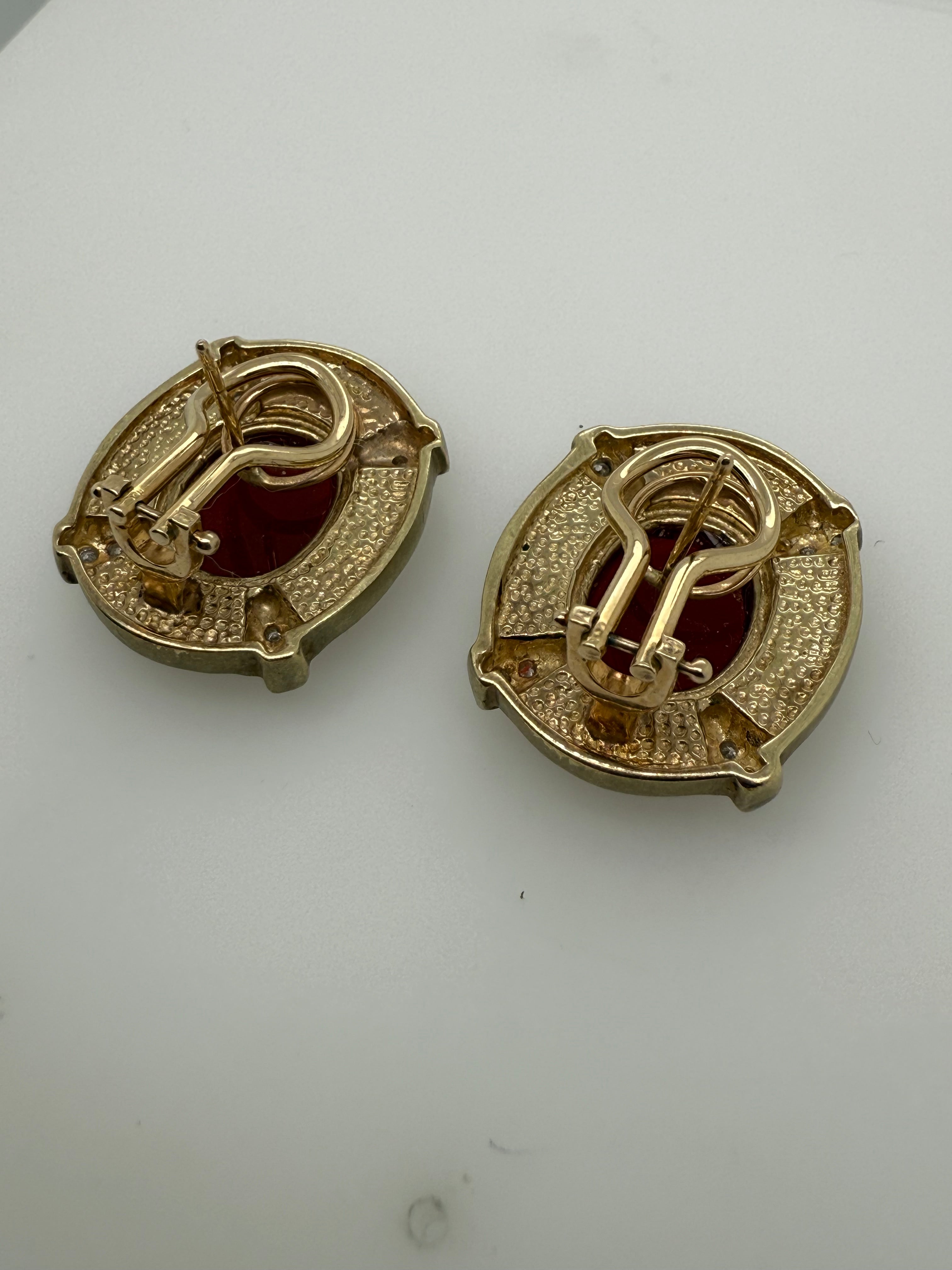 Retro Gold Natural Diamond and Roman Carnelian Intaglio Statement Earrings