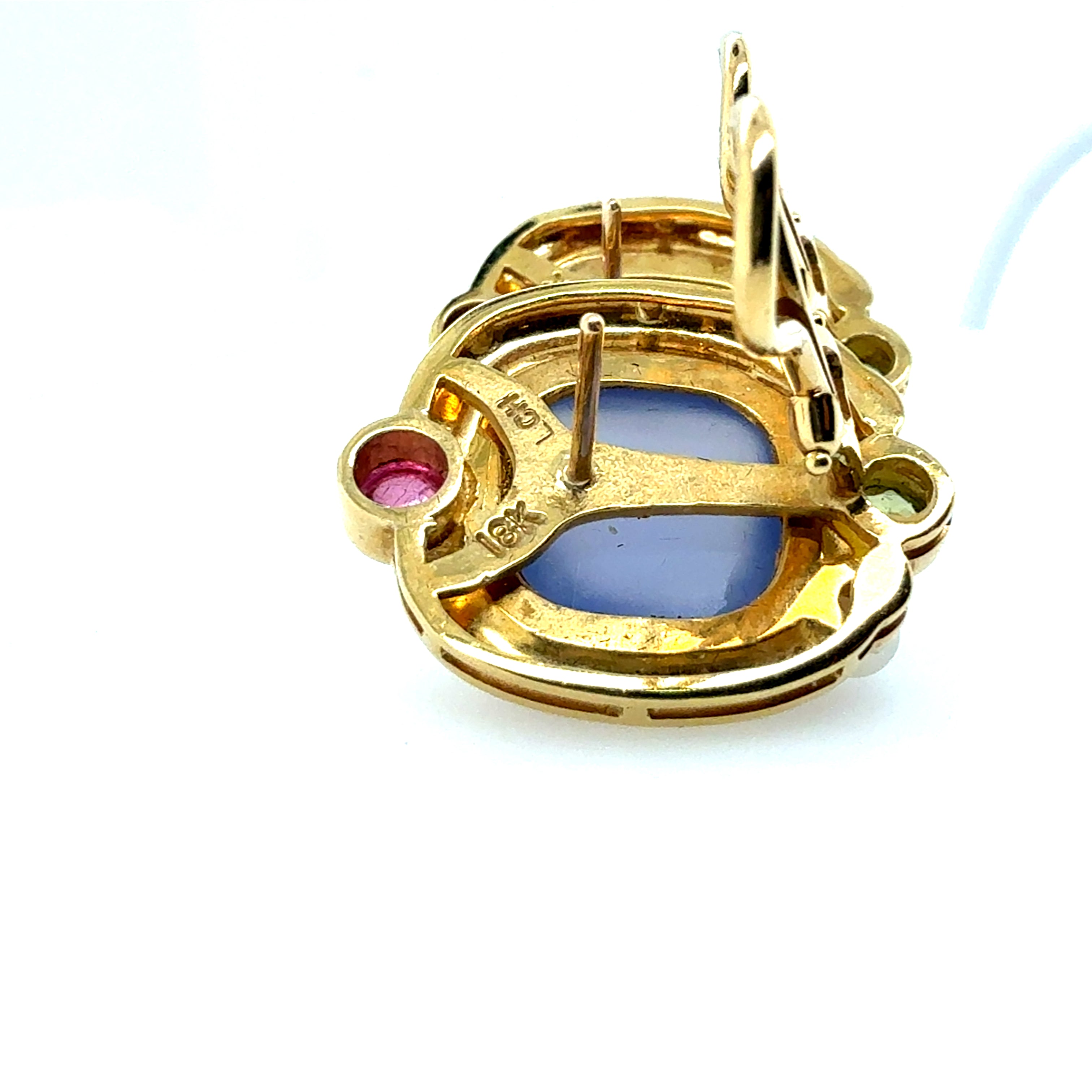 Retro Gold Cabochon Earrings with Chalcedony, Tourmaline & Peridot