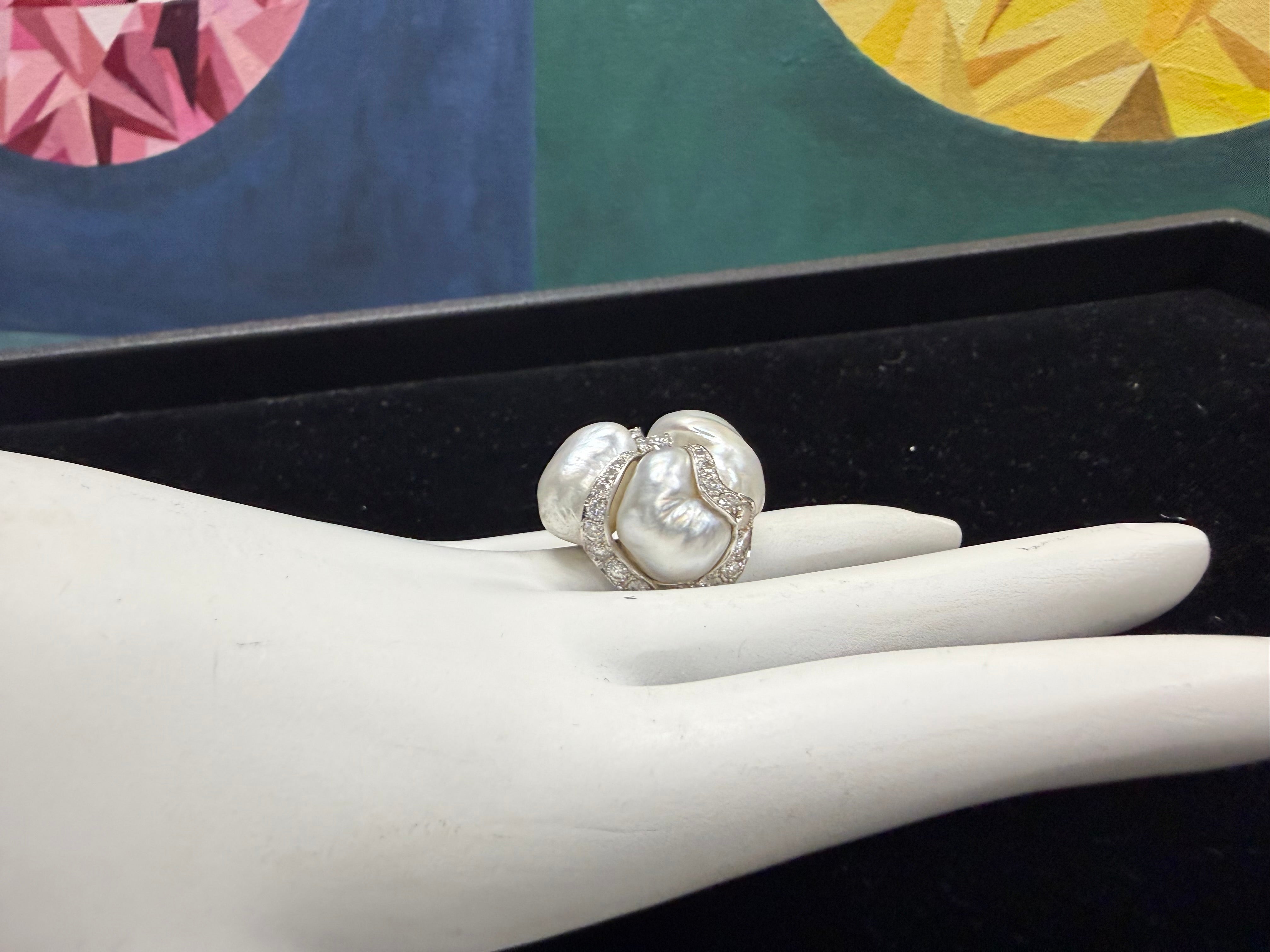 Retro Platinum 2.2 Carat Natural Diamond and Pearl Cocktail Ring Circa 1960