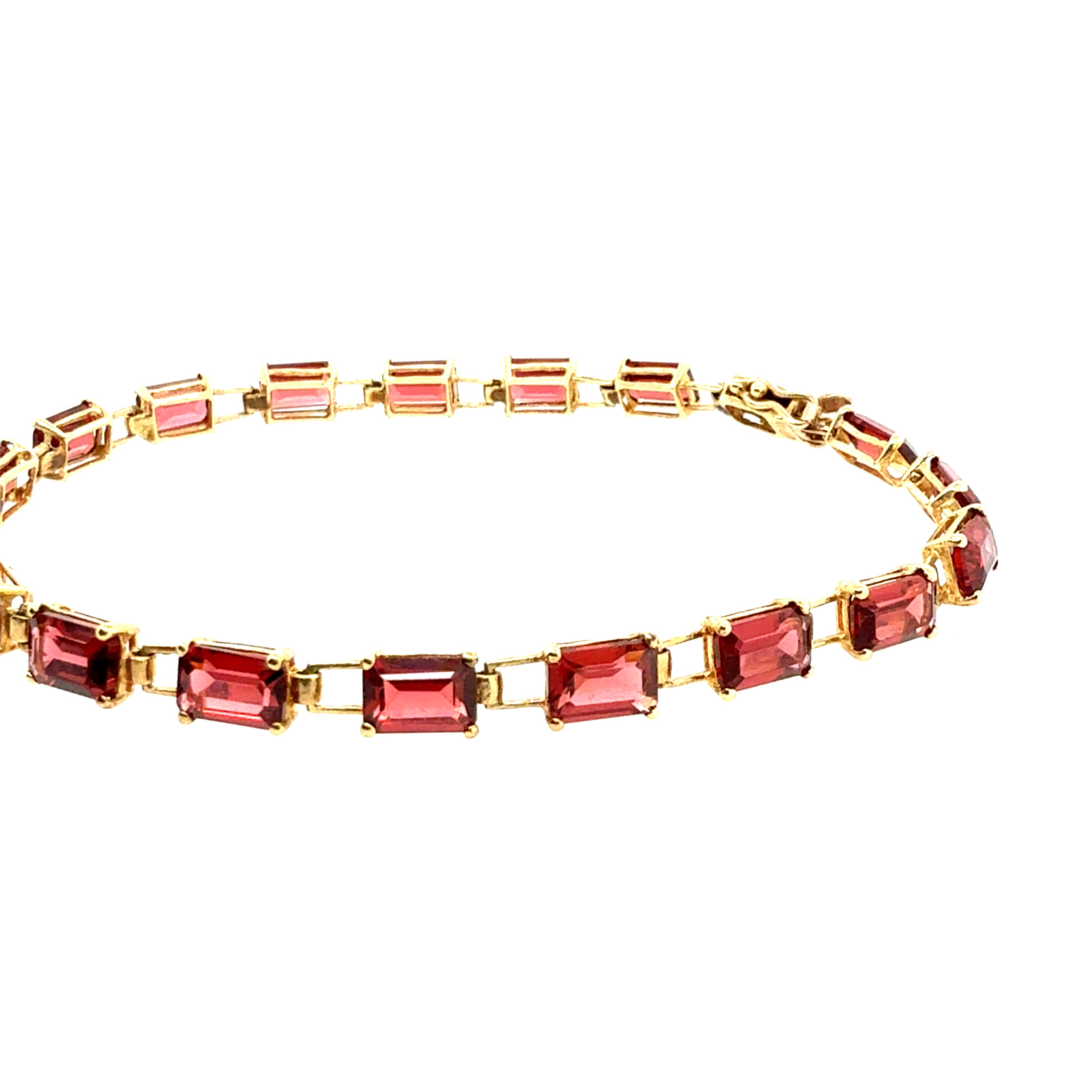Retro Yellow Gold Reddish Garnet-Like Emerald Cut Tennis Bracelet