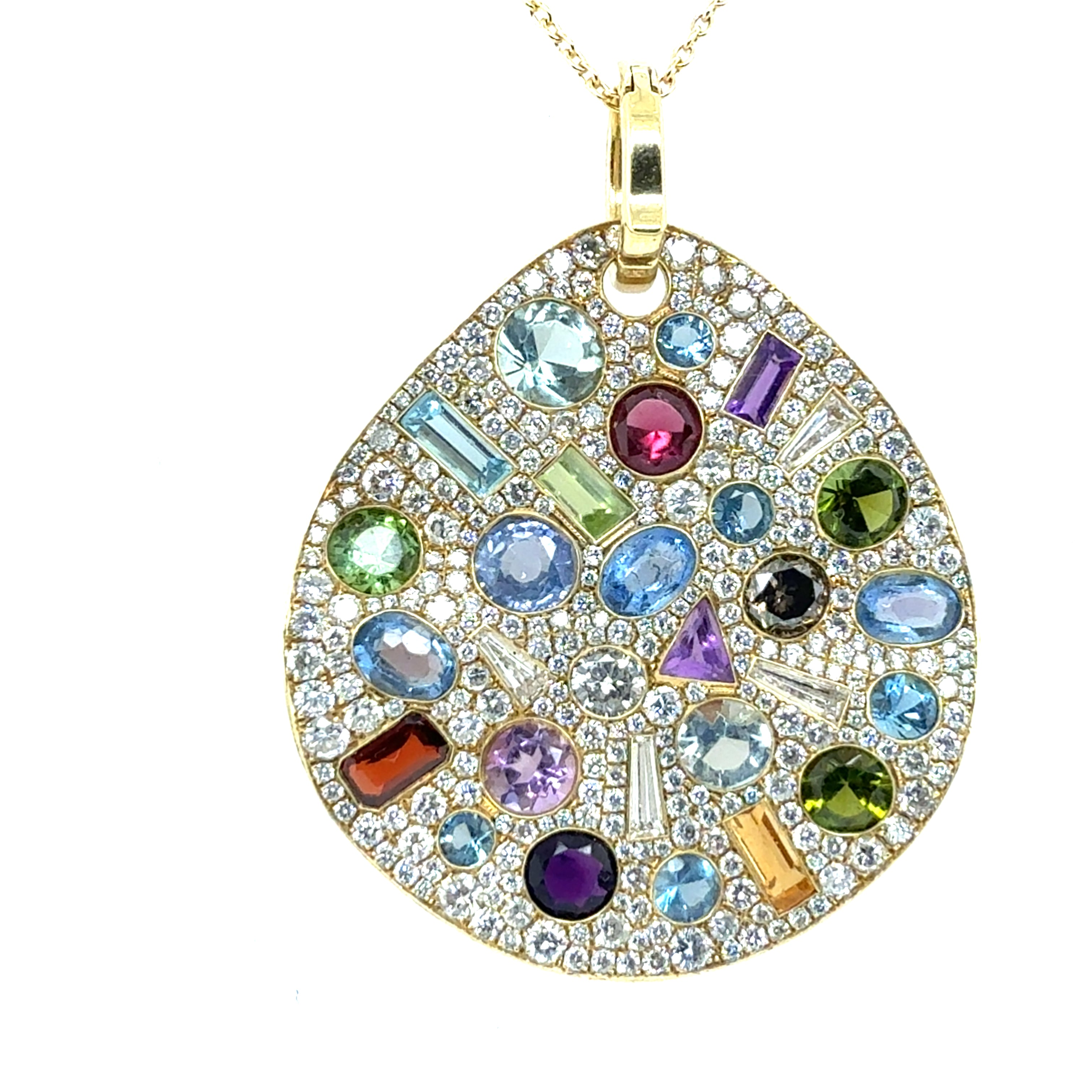 Modern Yellow Gold 4 Carat Natural Diamond & Multicolor Statement Pendant
