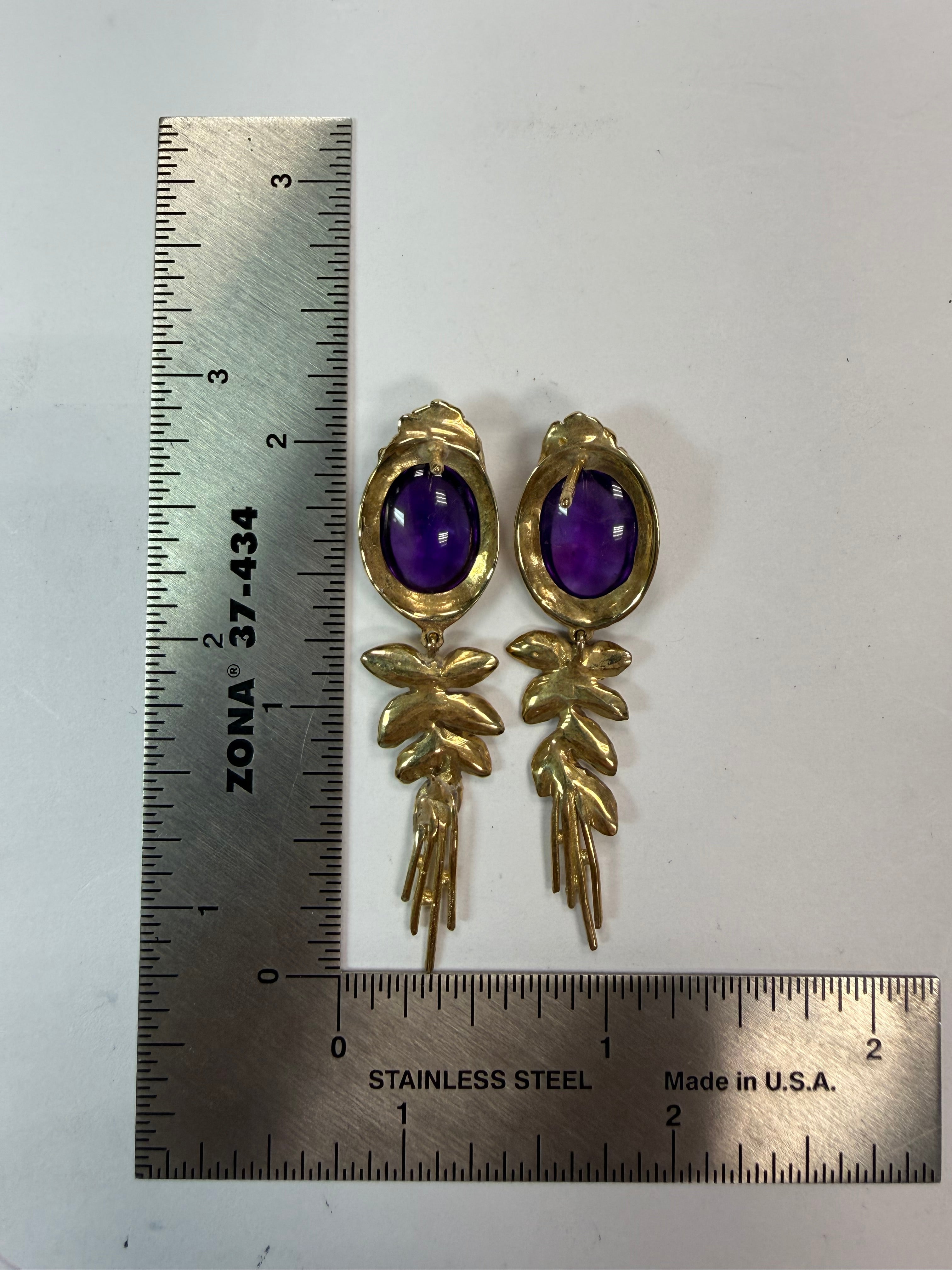 Retro Yellow Gold Oval Cabochon Purple Amethyst Drop Earrings Circa 1970