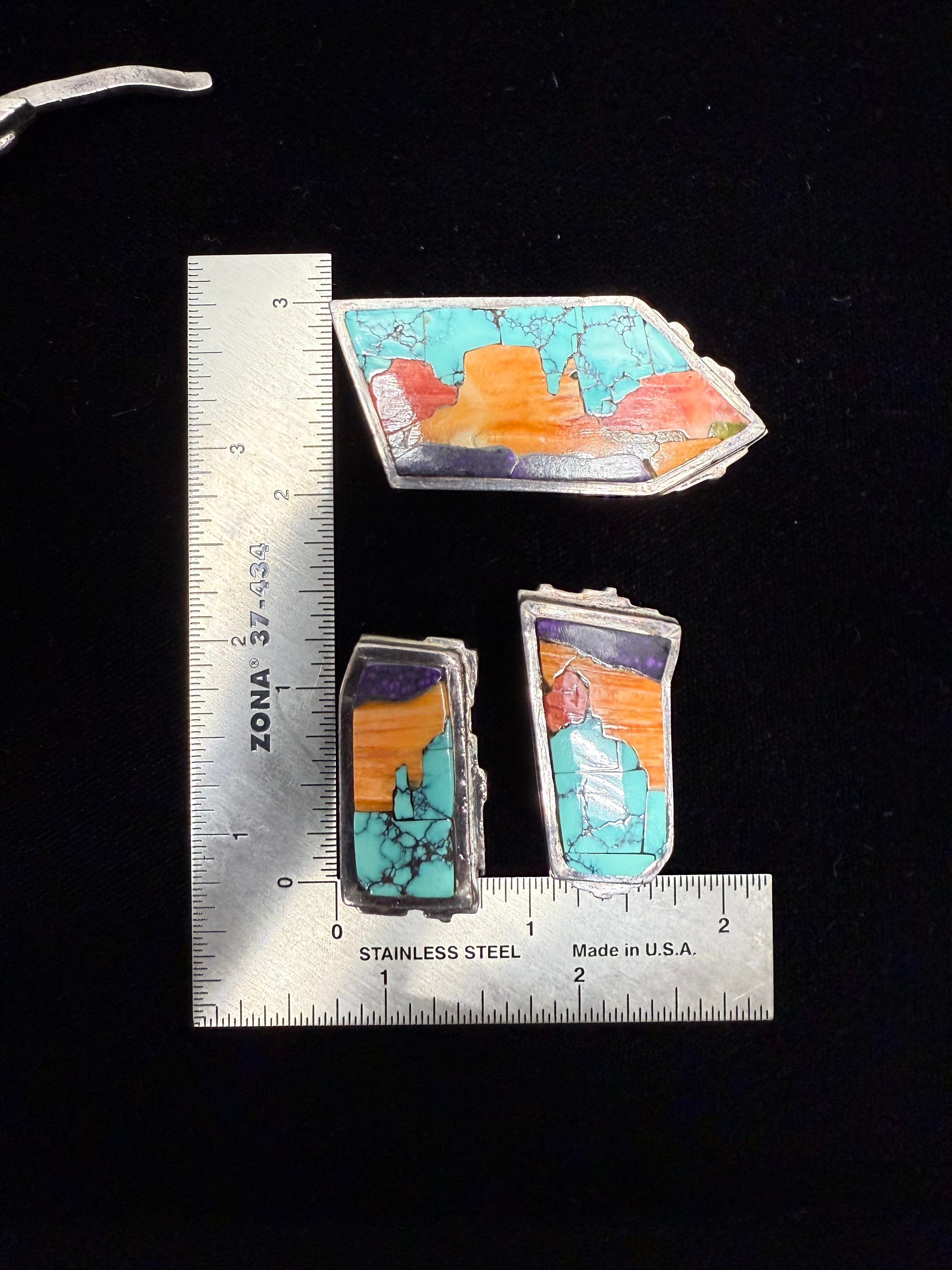 Retro Silver Gemstone Inlay Belt Buckle by Danny Romero