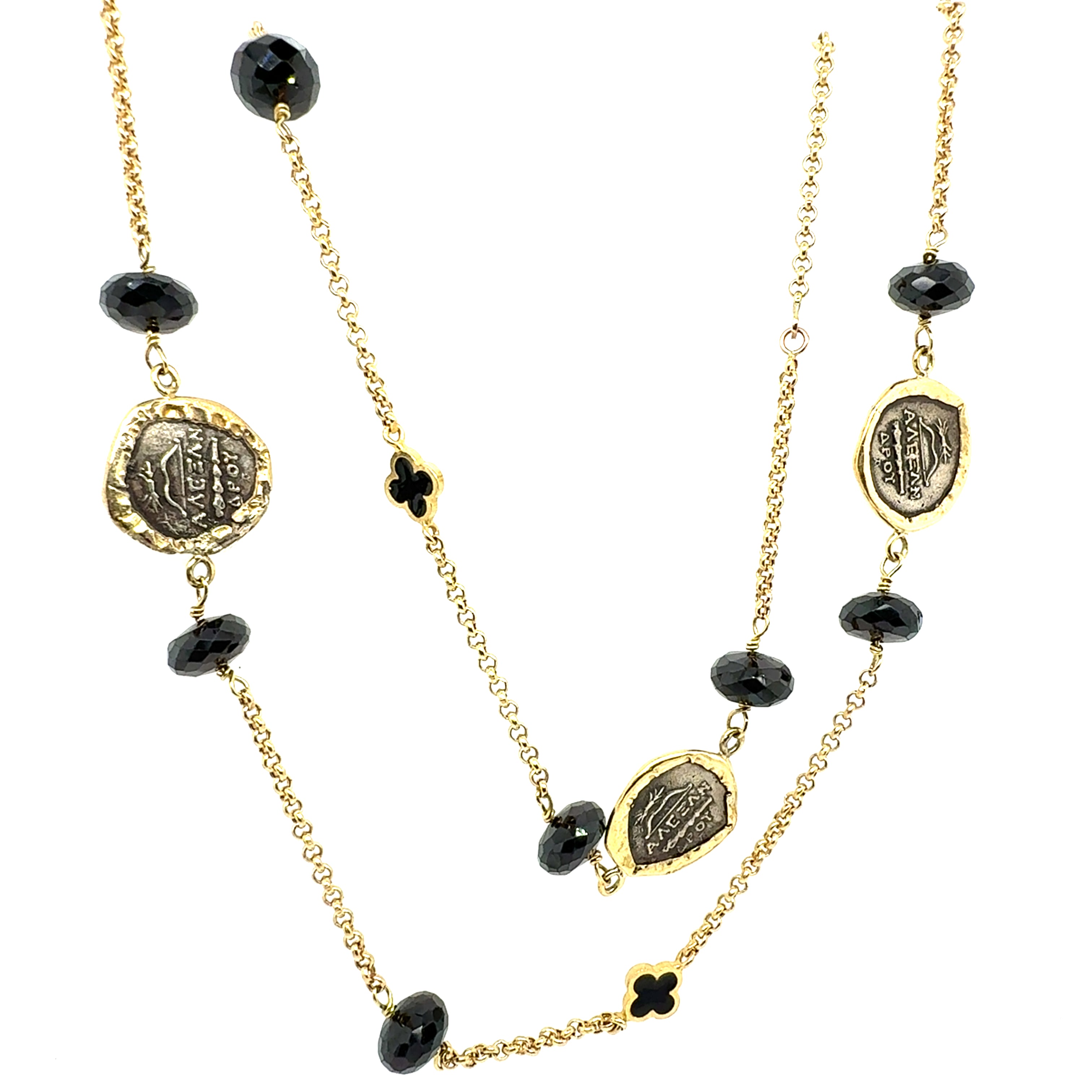 Retro Gold Ancient Greek Helios Coin 36 Inch Statement Necklace by Misento