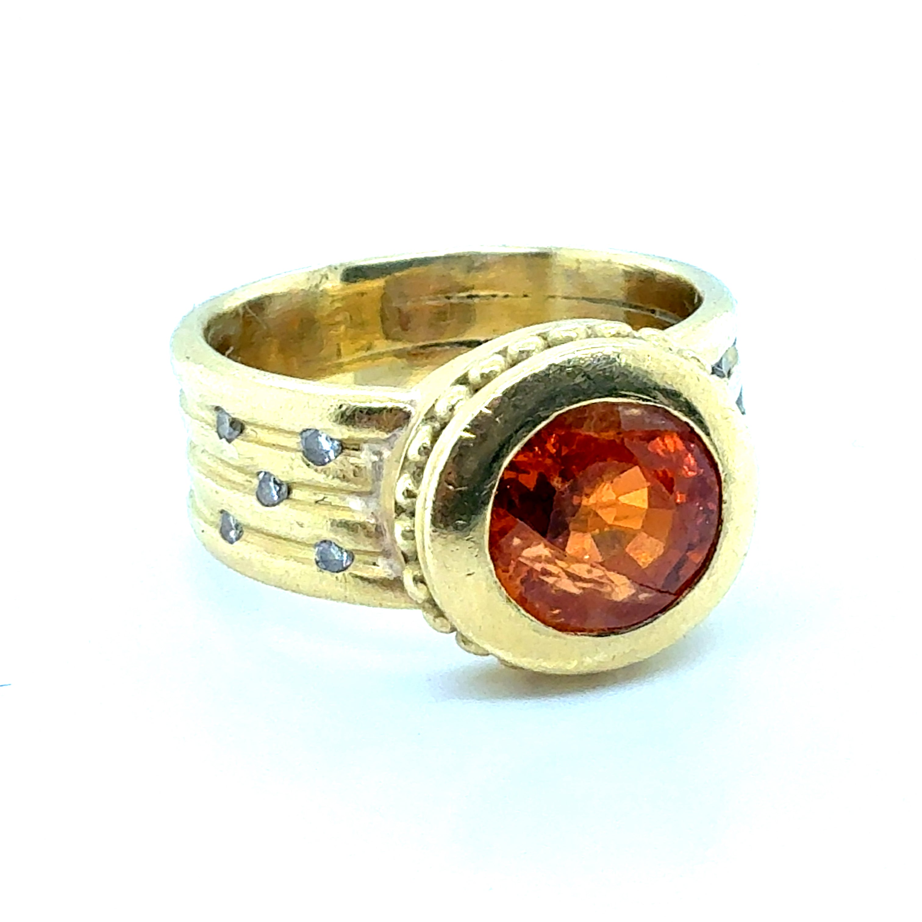 Retro Gold Natural Round Spessartite Garnet & Natural Diamond Statement Ring